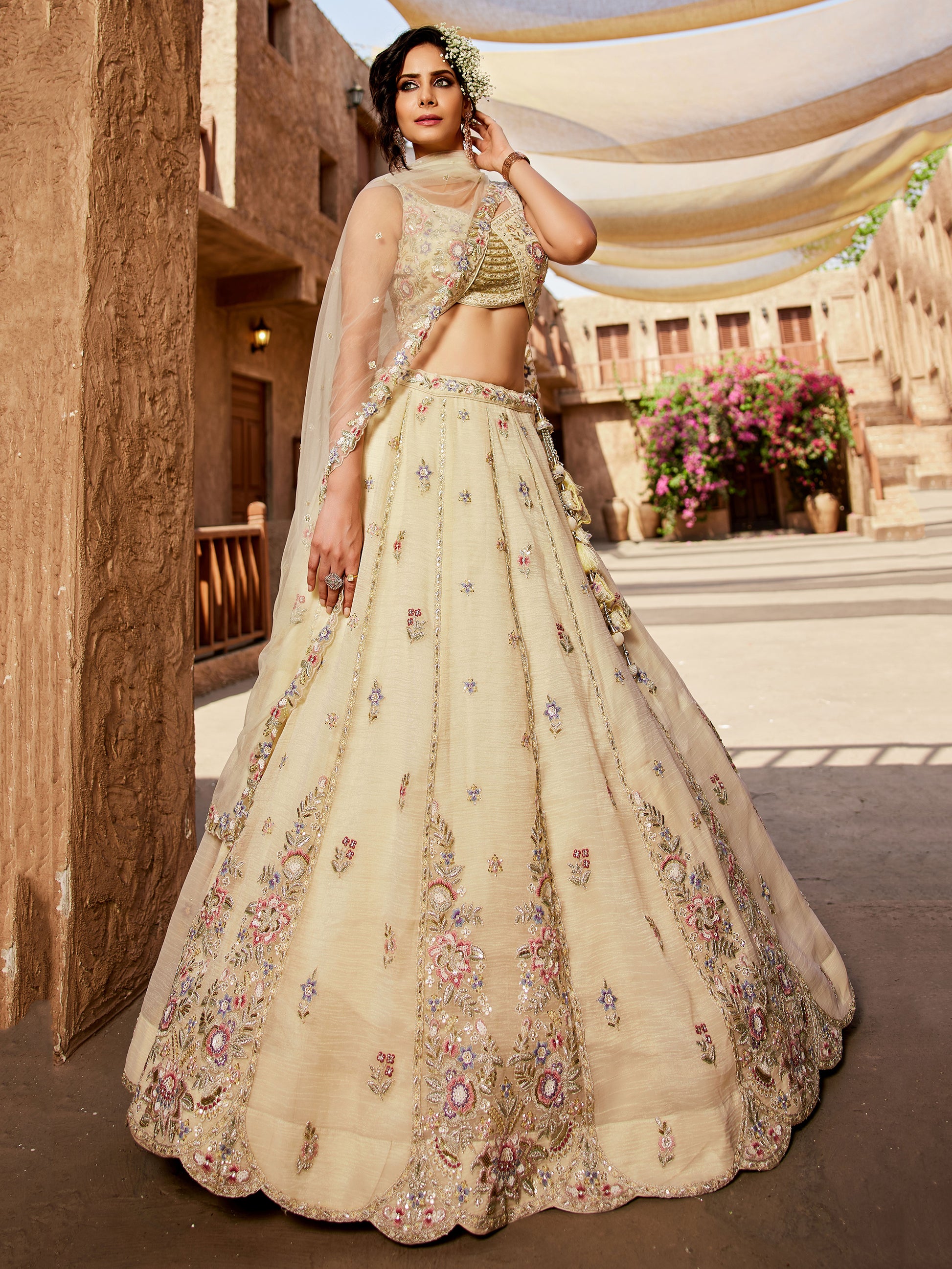 Fantastic Cream Bead Work Tissue Silk Wedding Wear Lehenga Choli With Dupatta