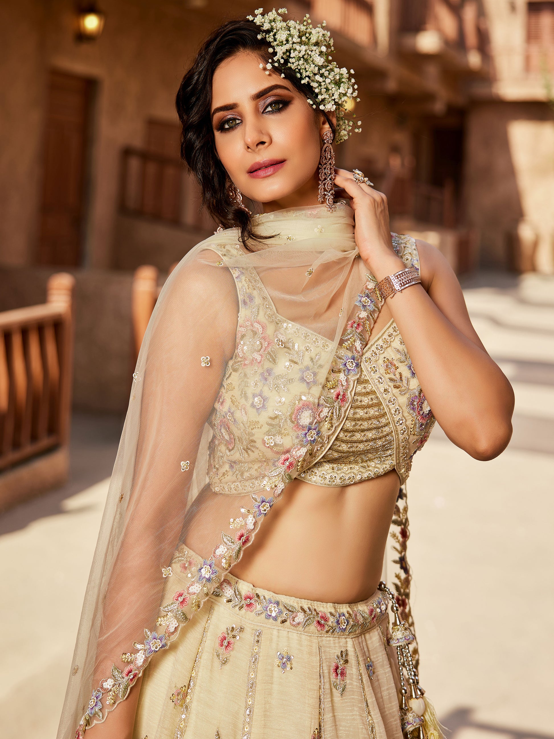 Fantastic Cream Bead Work Tissue Silk Wedding Wear Lehenga Choli With Dupatta