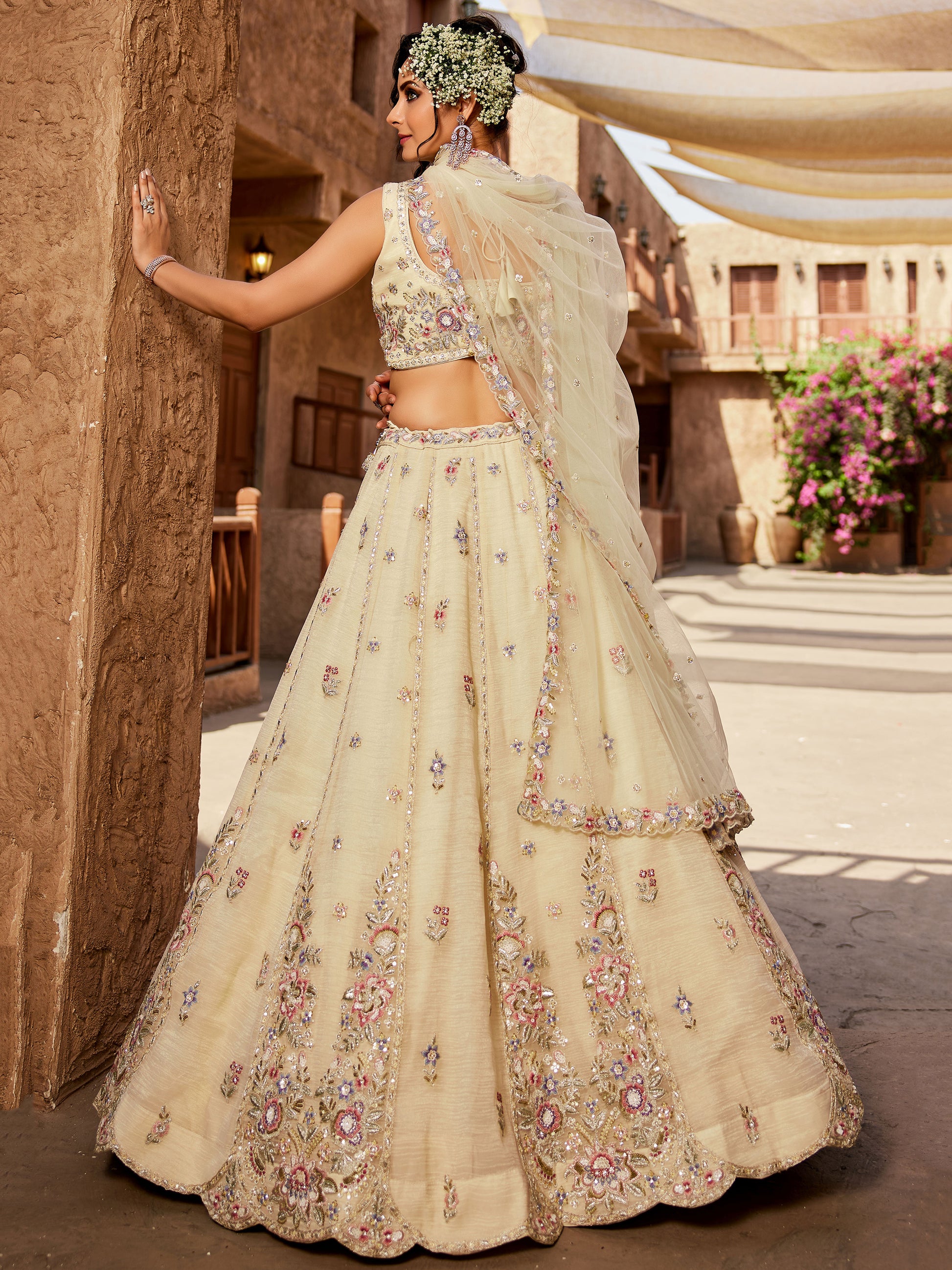 Fantastic Cream Bead Work Tissue Silk Wedding Wear Lehenga Choli With Dupatta