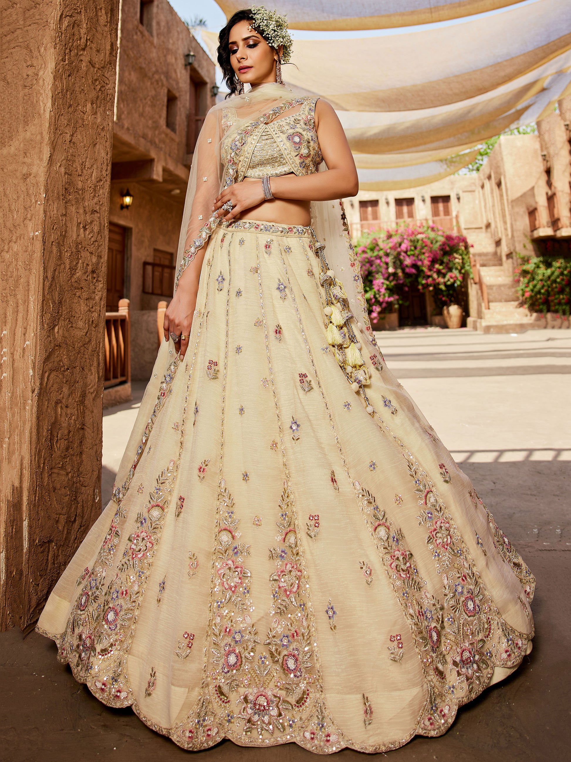 Fantastic Cream Bead Work Tissue Silk Wedding Wear Lehenga Choli With Dupatta