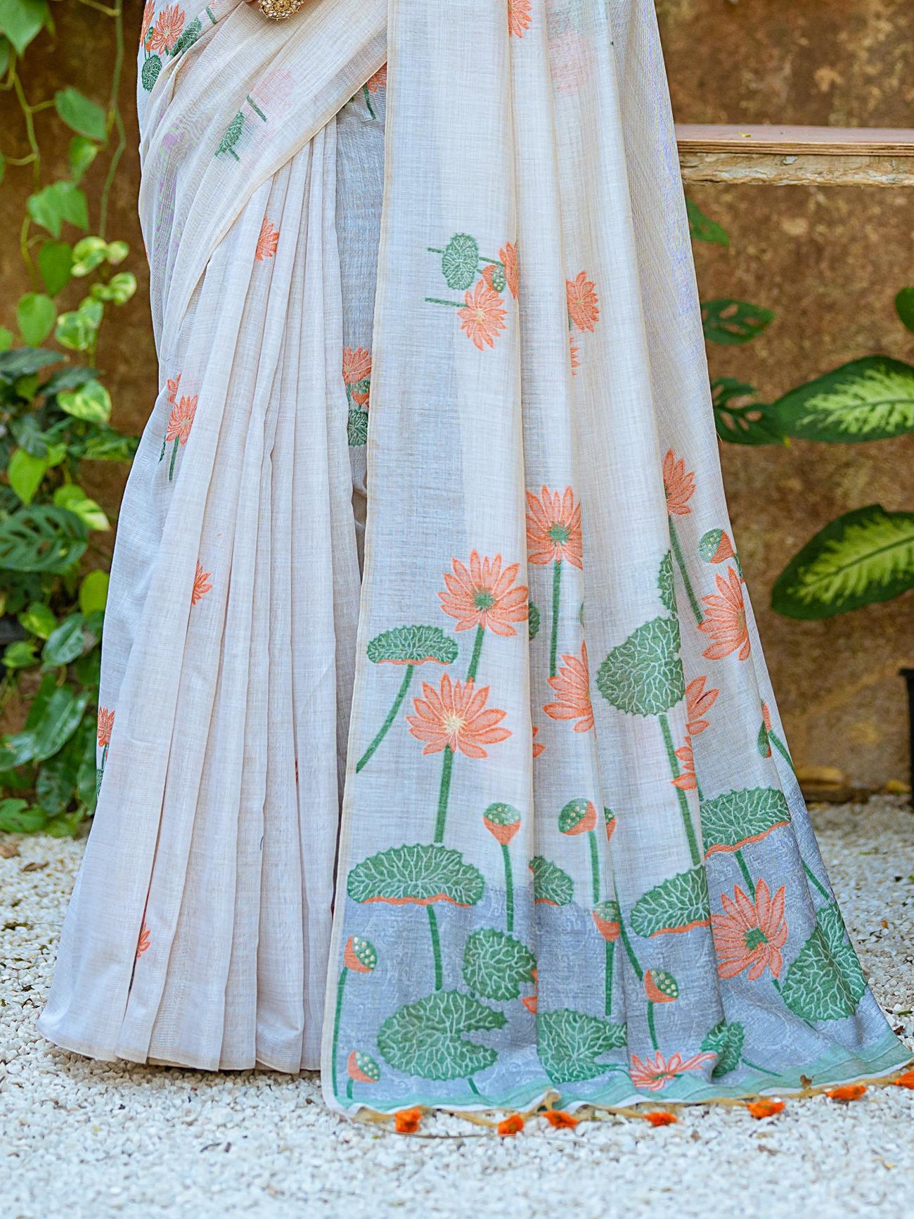 Pretty Off-White Floral Printed Cotton Casual Wear Saree With Orange Blouse