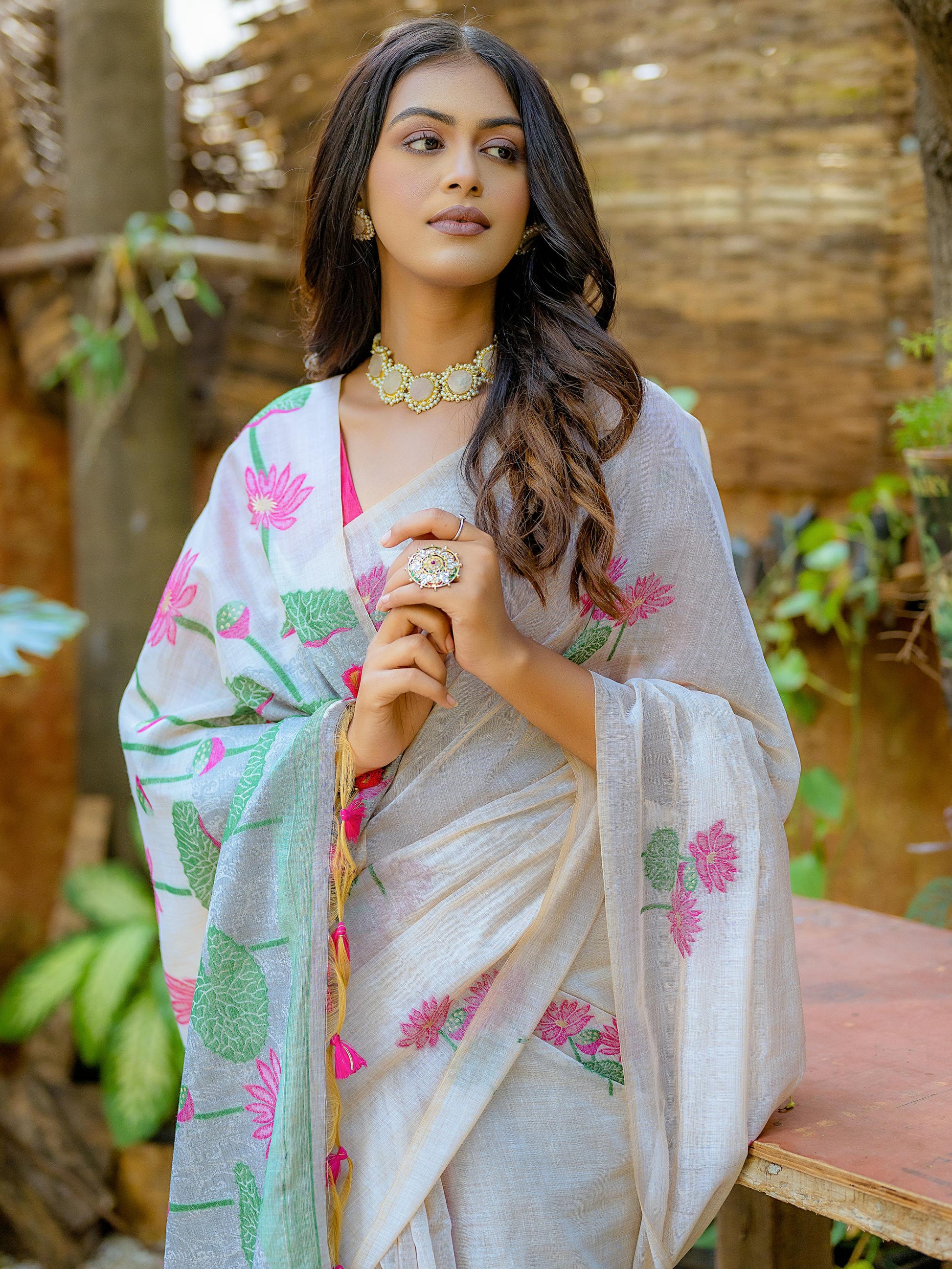 Gorgeous Off-White Printed Cotton Office Wear Saree With Pink Blouse