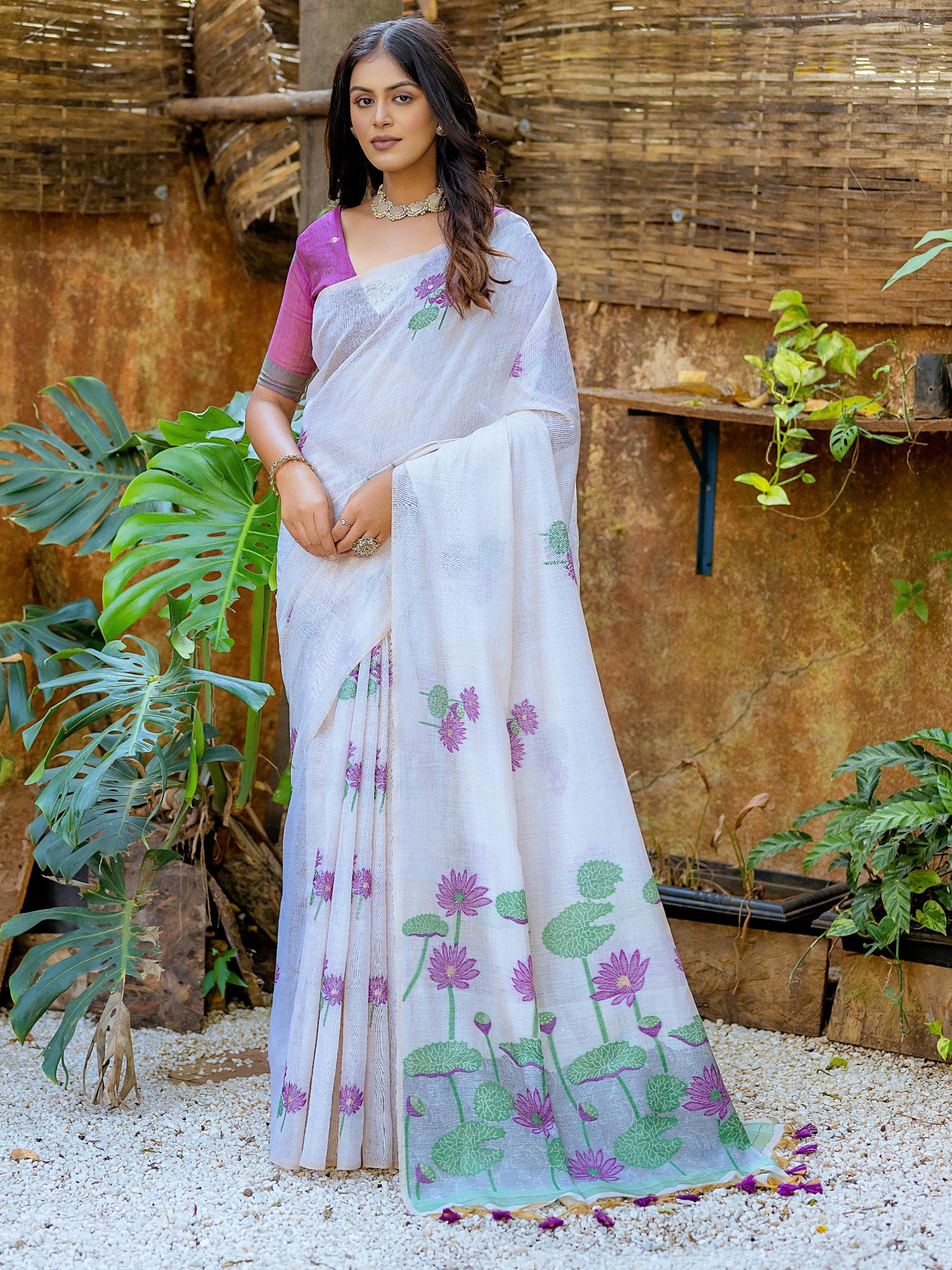 Amazing Off-White Floral Weaving Print Cotton Festive Wear Saree With Blouse