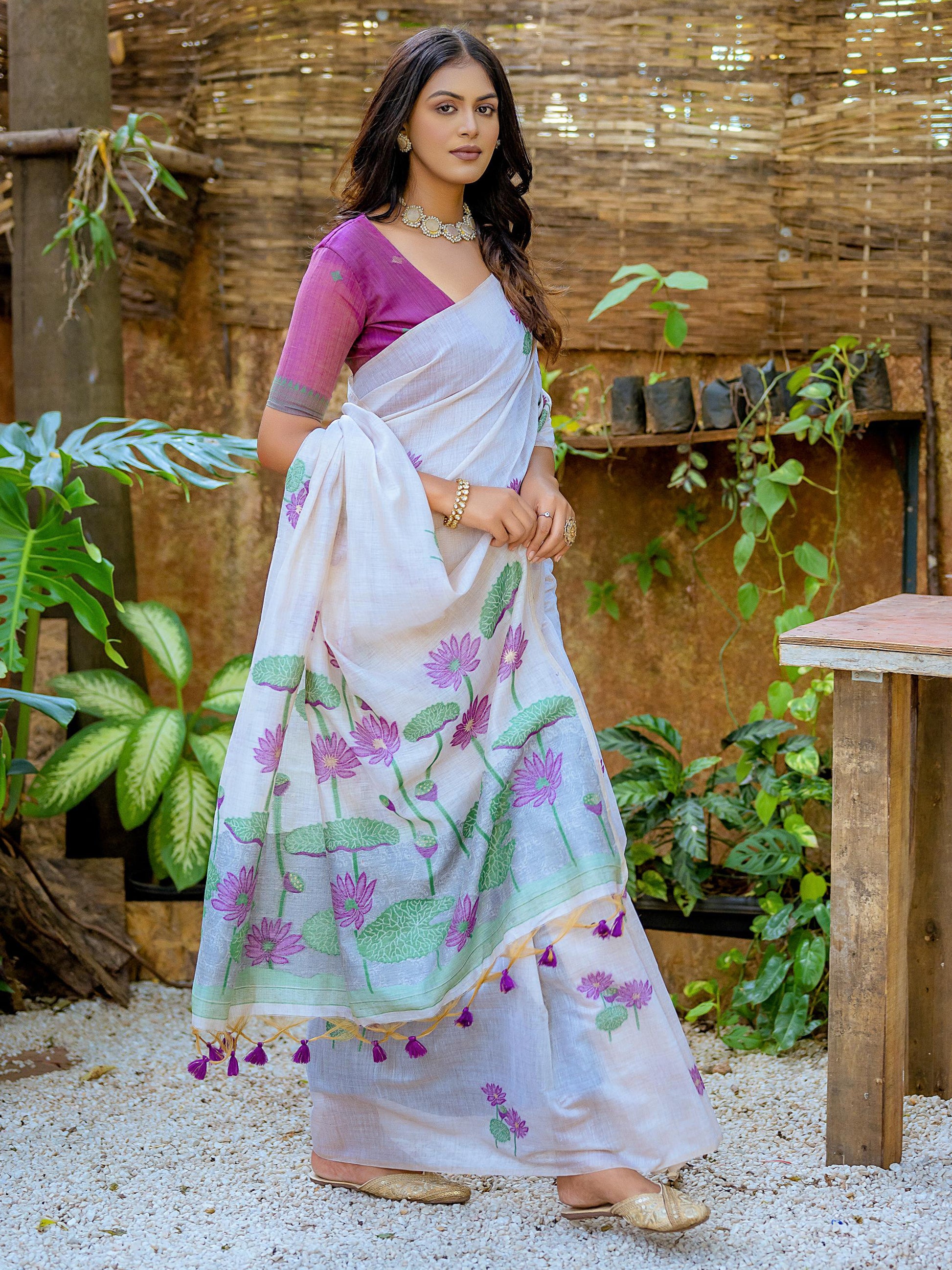 Amazing Off-White Floral Weaving Print Cotton Festive Wear Saree With Blouse