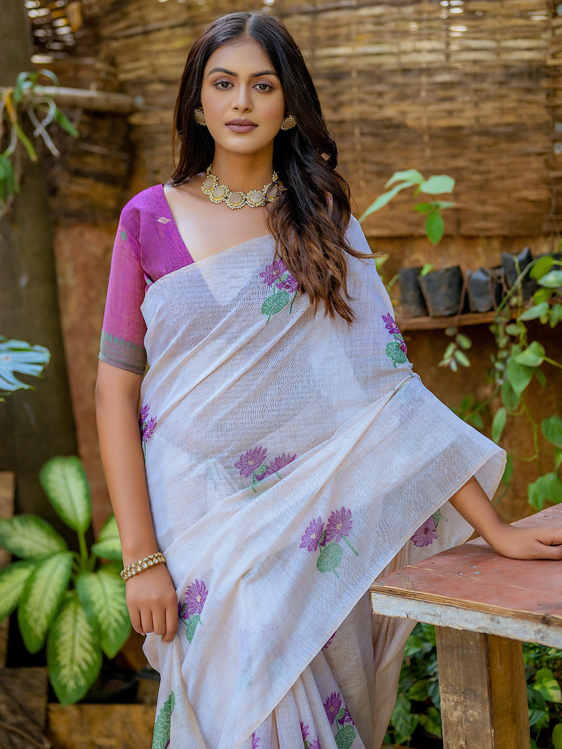 Amazing Off-White Floral Weaving Print Cotton Festive Wear Saree With Blouse
