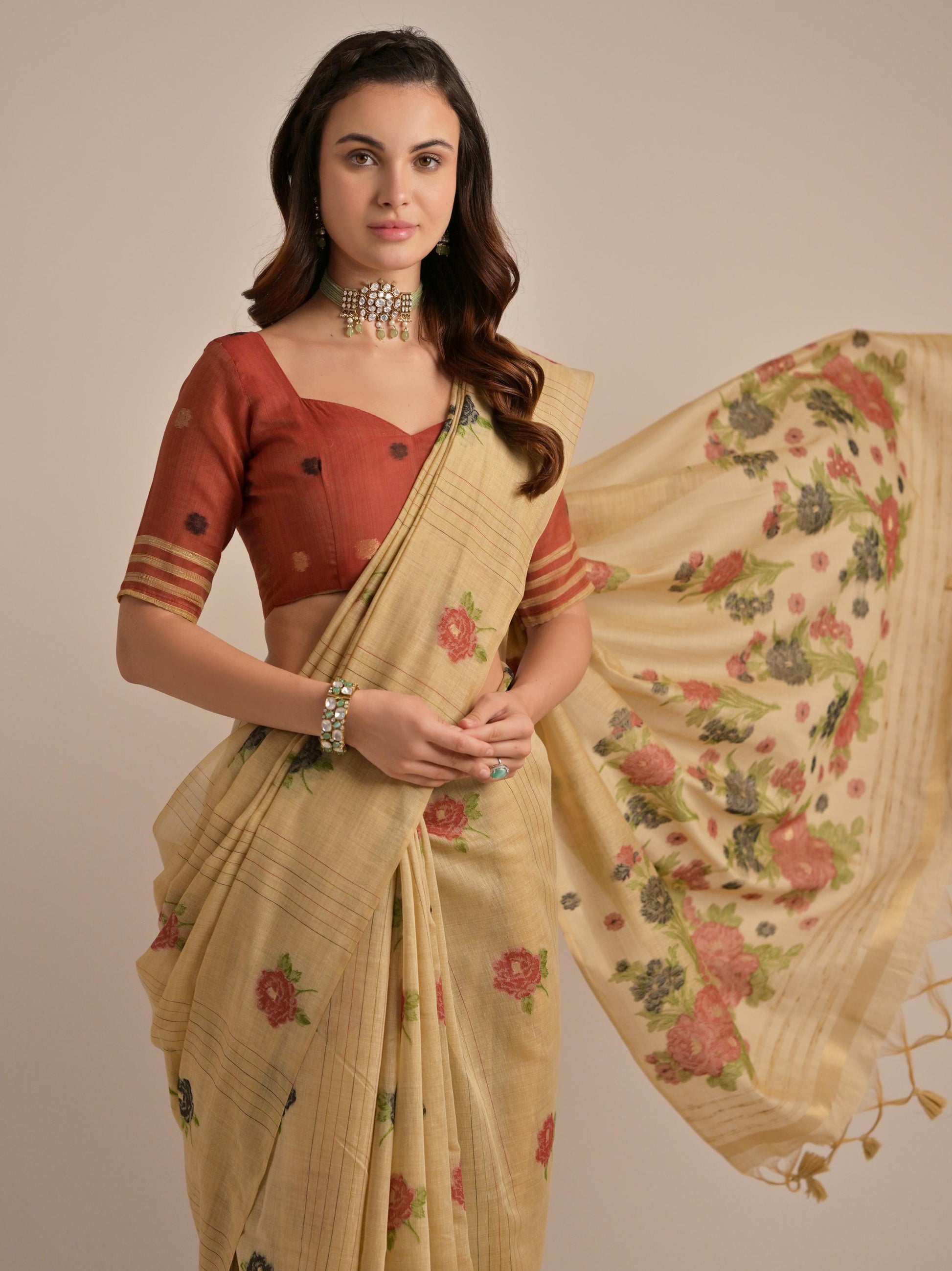 Bewitching Beige Floral Weaving Printed Cotton Traditional Saree With Blouse