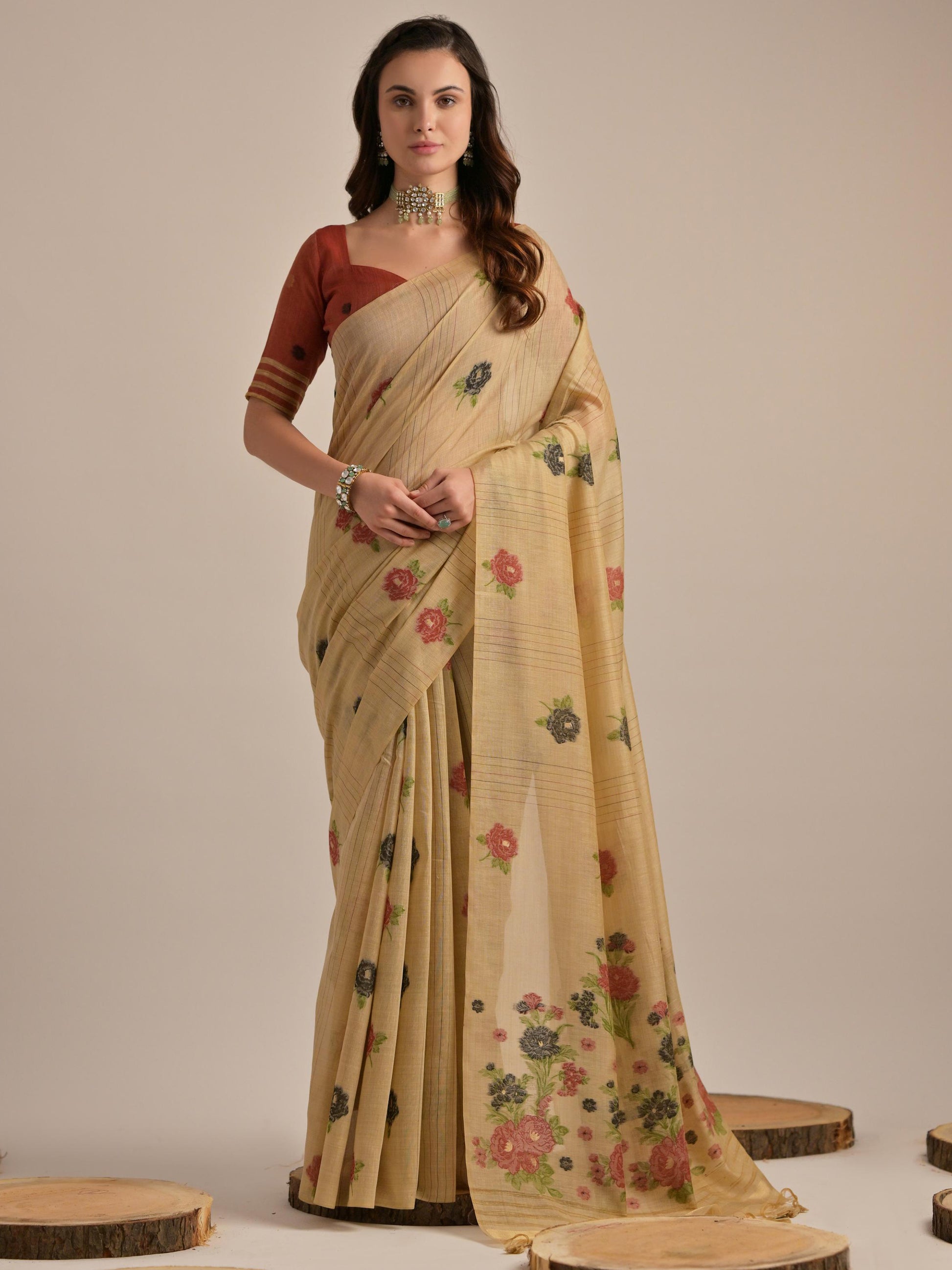 Bewitching Beige Floral Weaving Printed Cotton Traditional Saree With Blouse