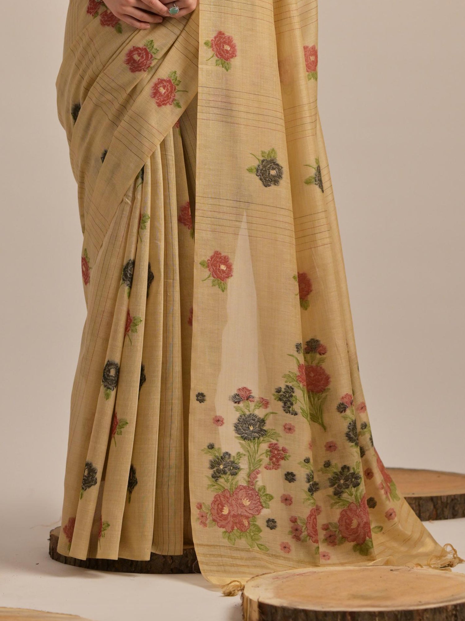 Bewitching Beige Floral Weaving Printed Cotton Traditional Saree With Blouse