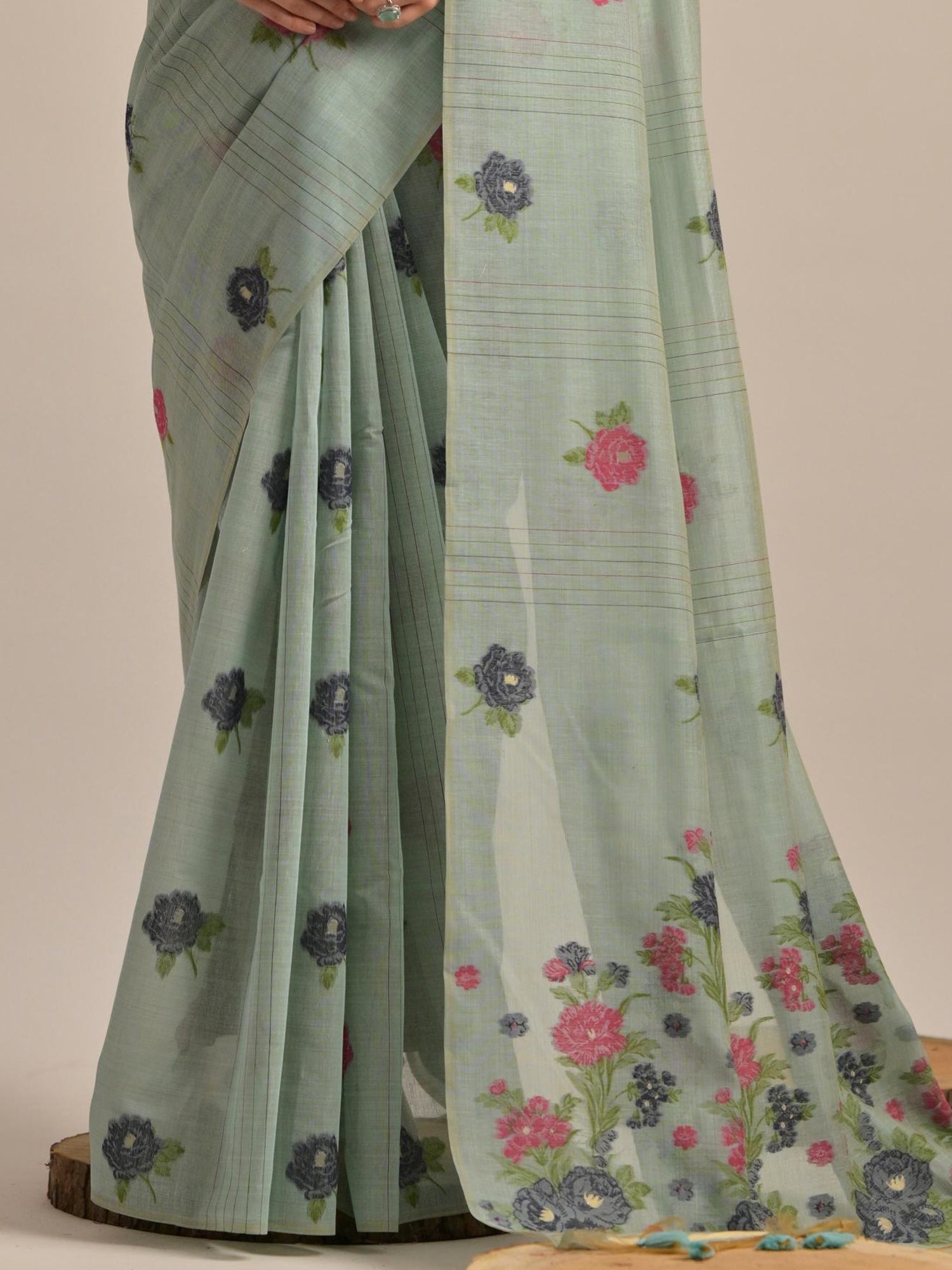Fascinating Grey Floral Weaving Printed Cotton Casual Wear Saree With Blouse