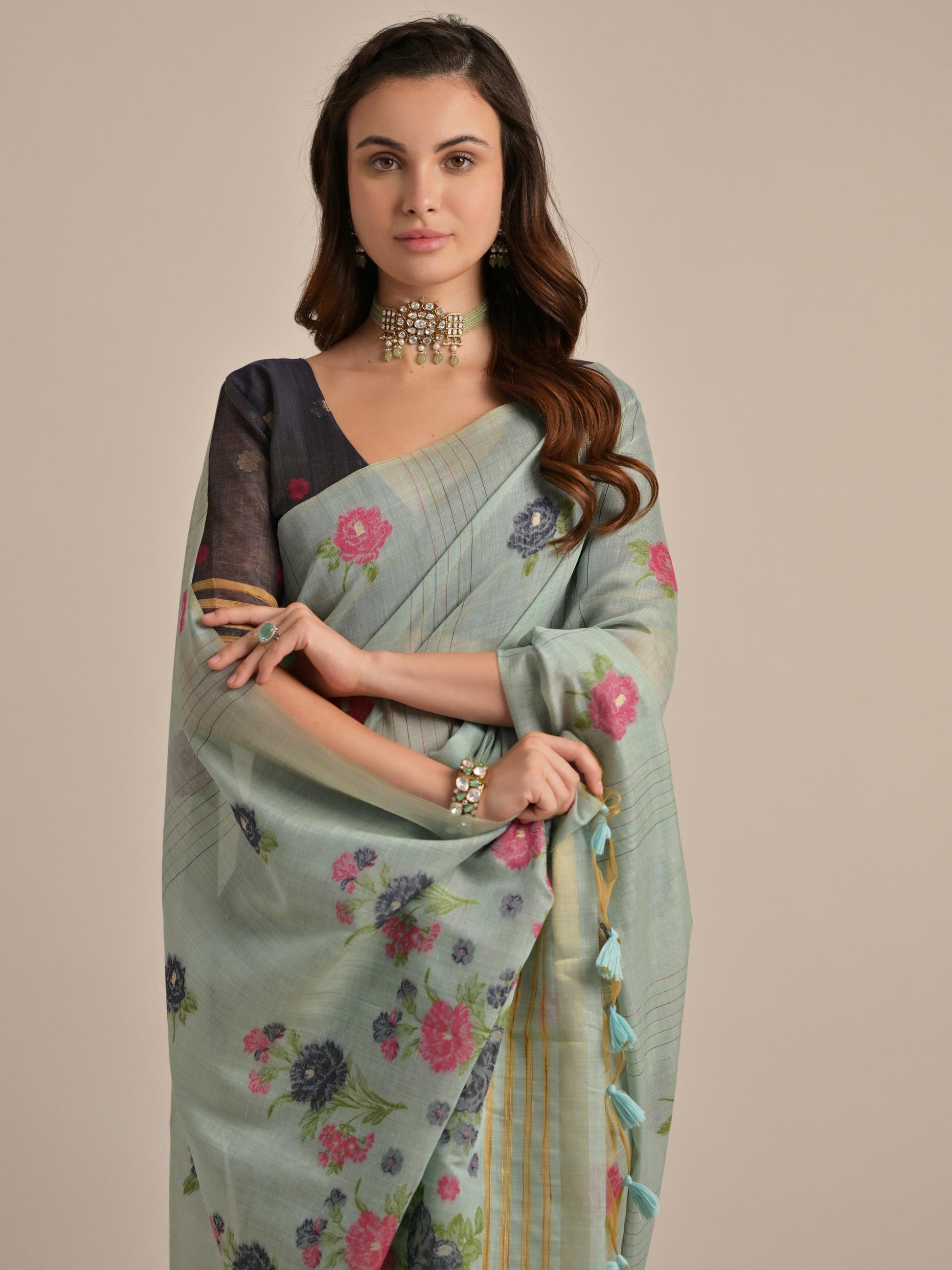 Fascinating Grey Floral Weaving Printed Cotton Casual Wear Saree With Blouse