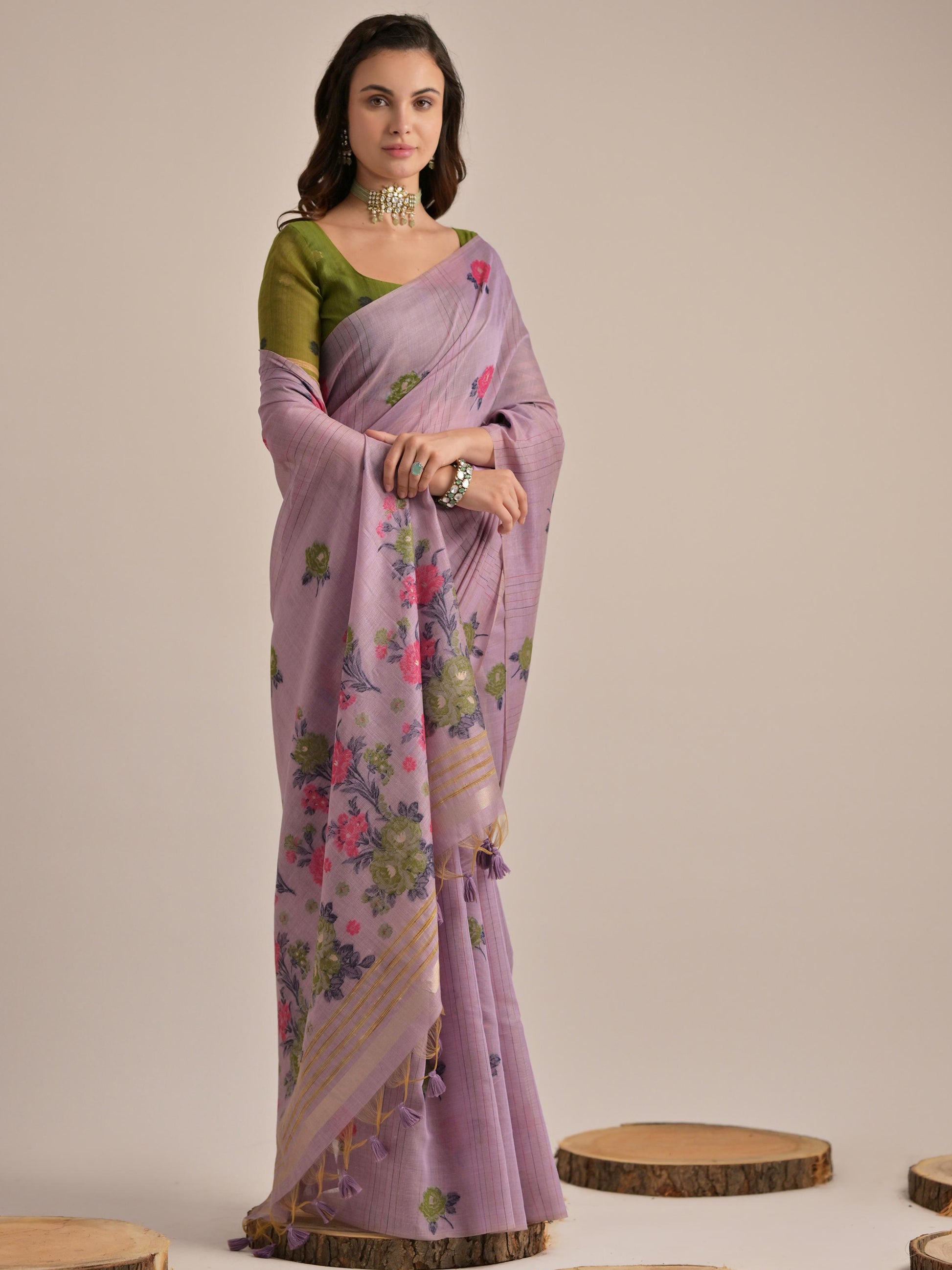 Glamorous Purple Floral Weaving Printed Cotton Festive Wear Saree