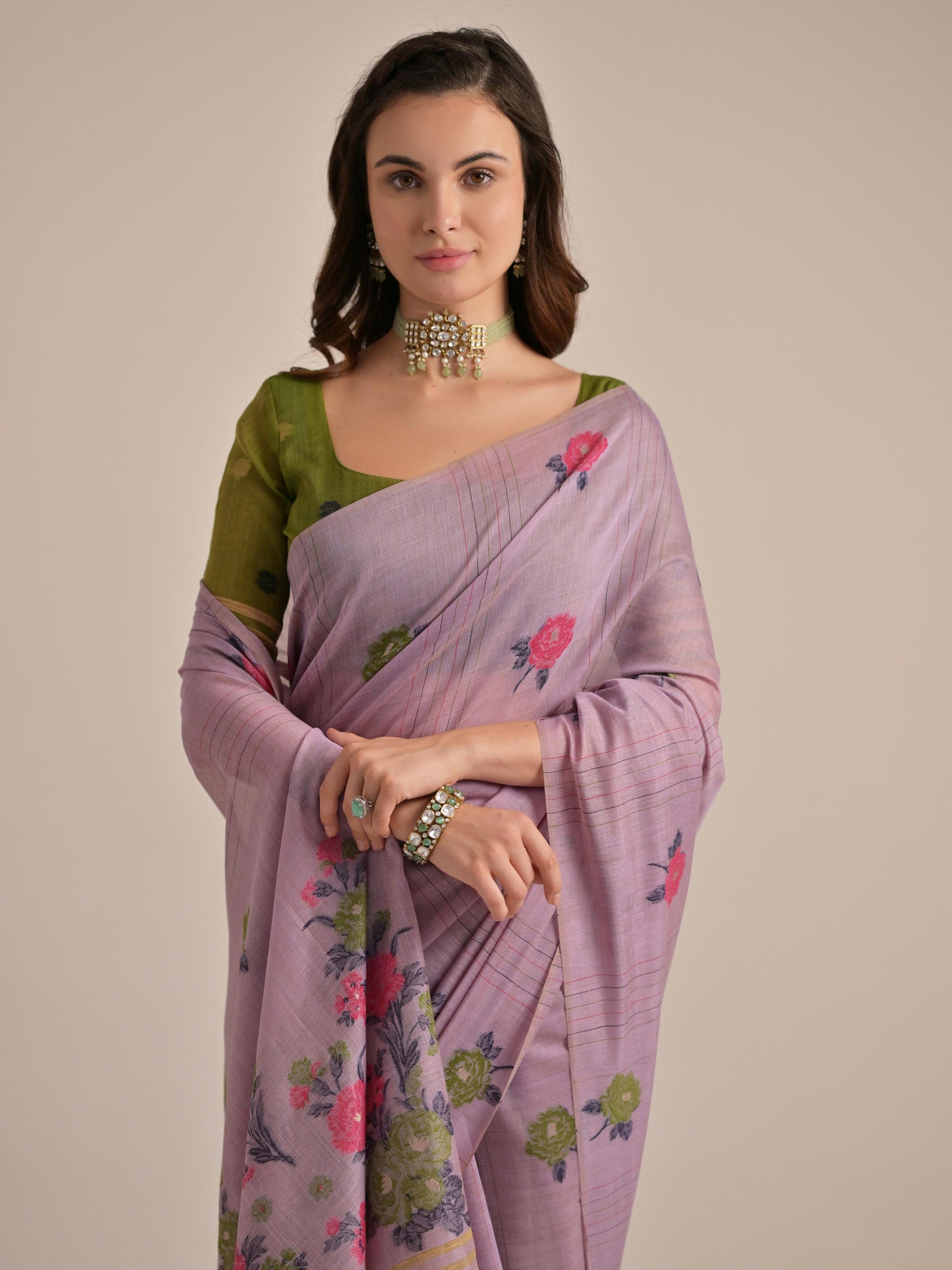 Glamorous Purple Floral Weaving Printed Cotton Festive Wear Saree