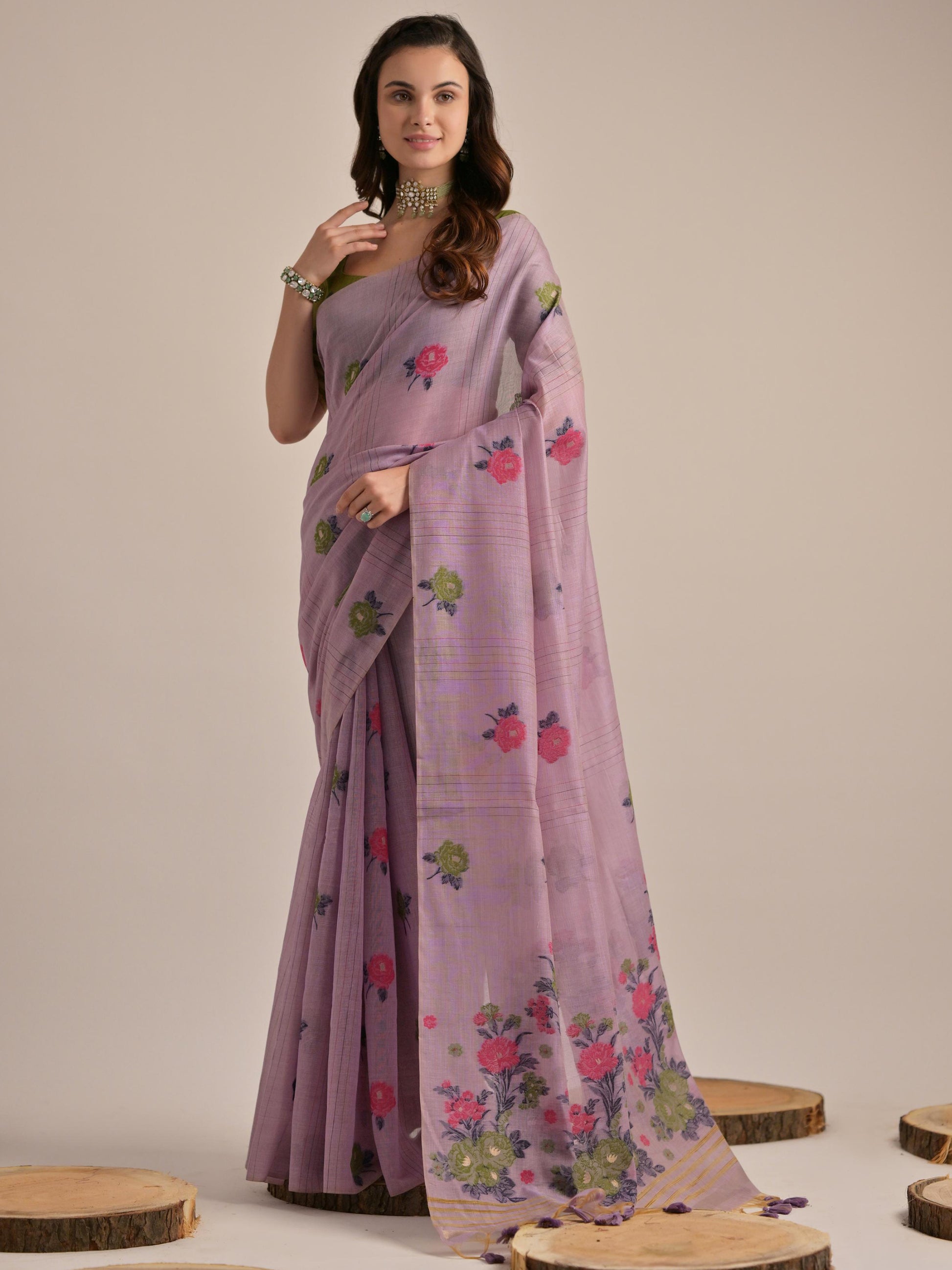 Glamorous Purple Floral Weaving Printed Cotton Festive Wear Saree