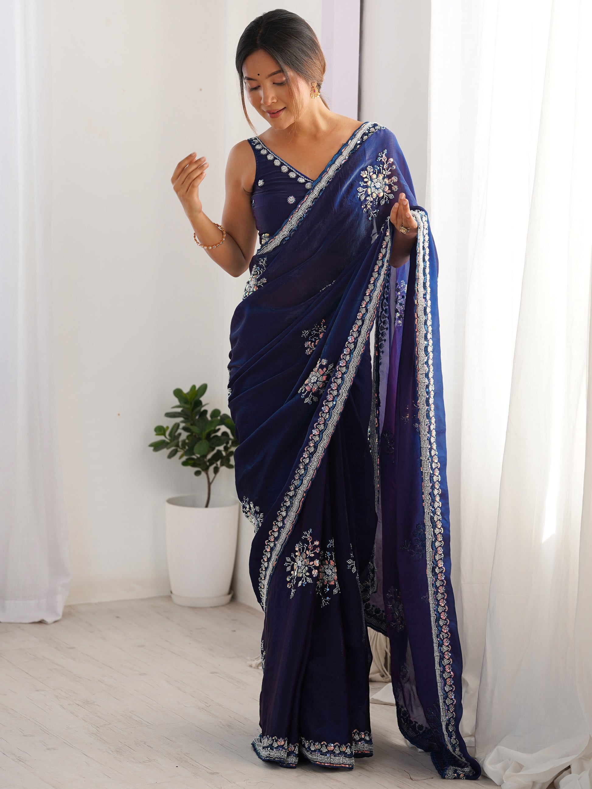 Elegant Navy Blue Beads Work Satin Event Wear Saree With Blouse