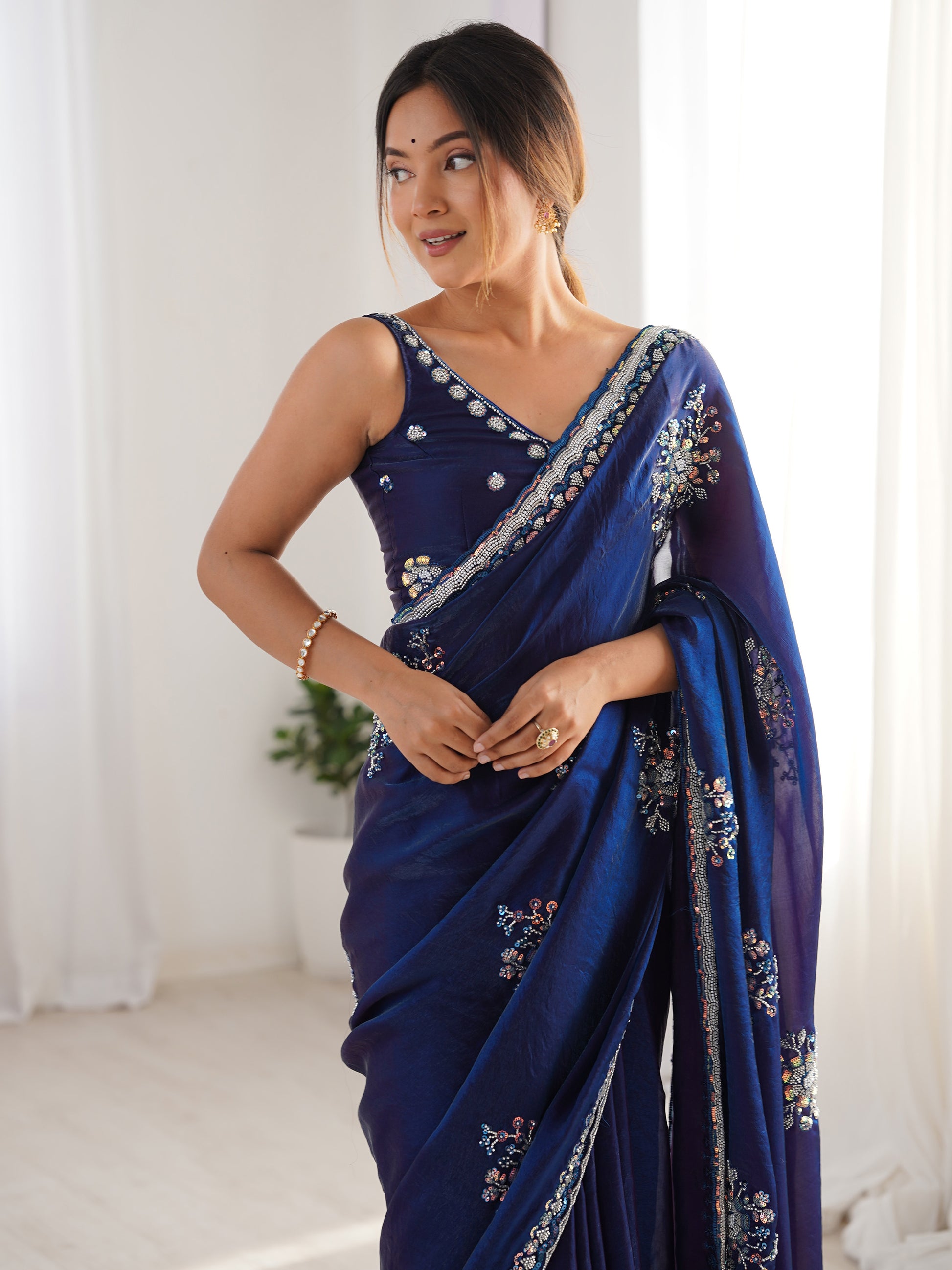 Elegant Navy Blue Beads Work Satin Event Wear Saree With Blouse