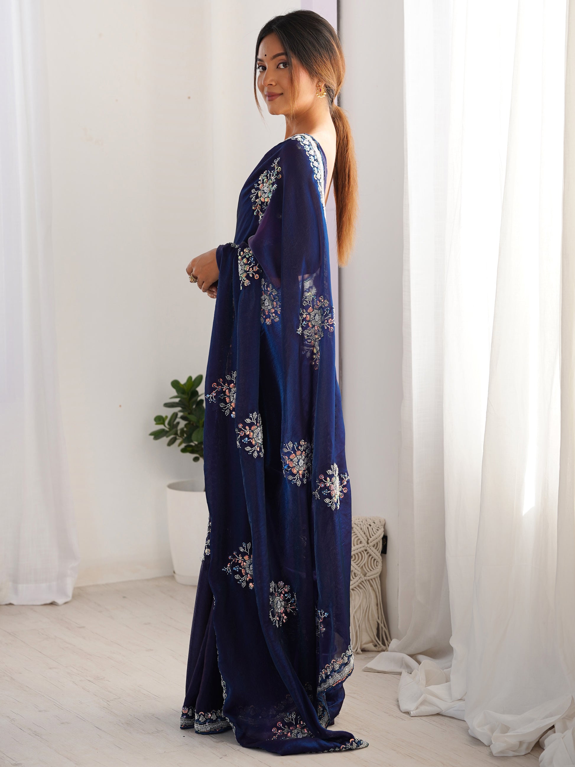Elegant Navy Blue Beads Work Satin Event Wear Saree With Blouse