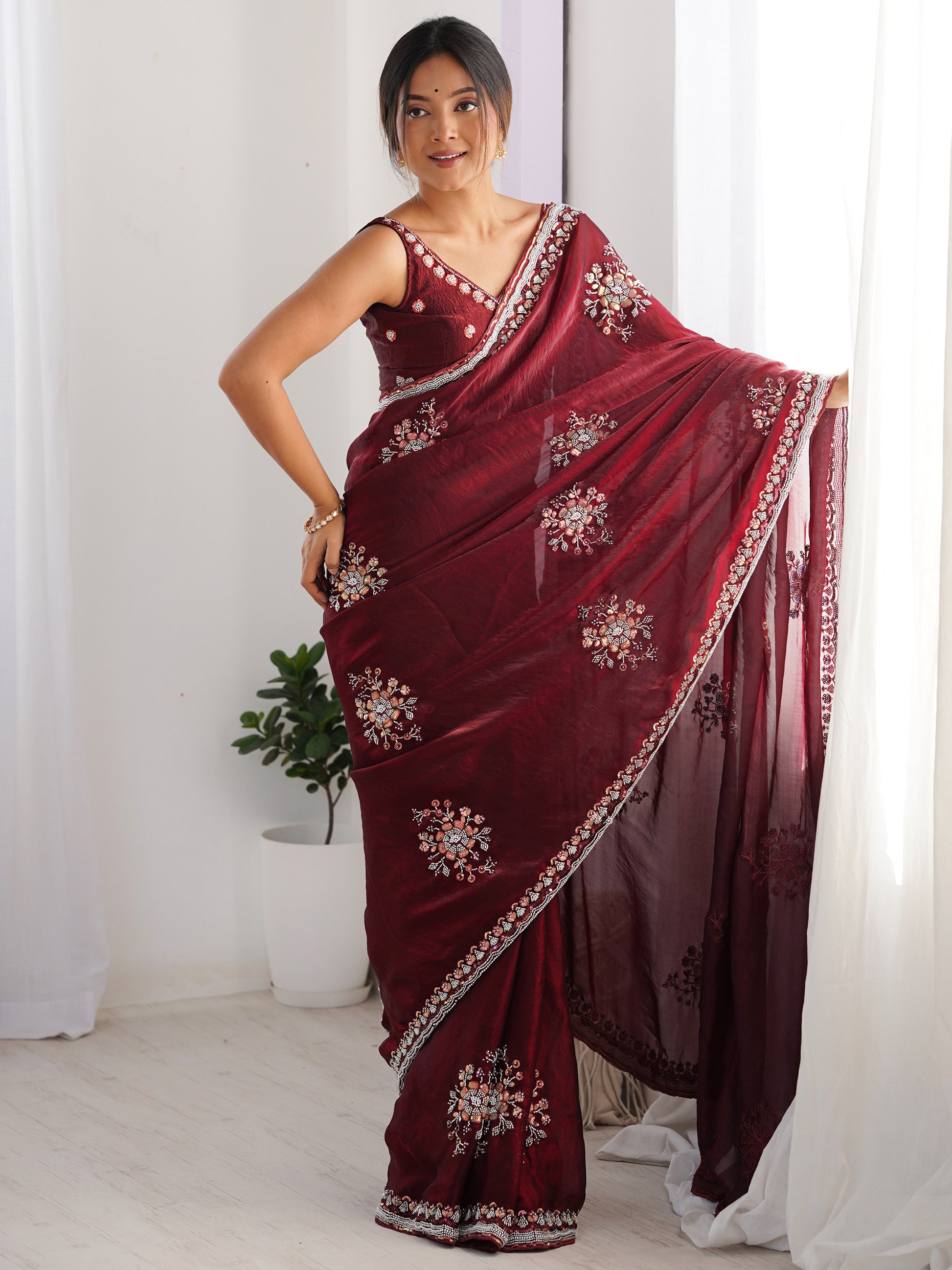 Delightful Wine Beads Work Satin Party Wear Saree With Blouse
