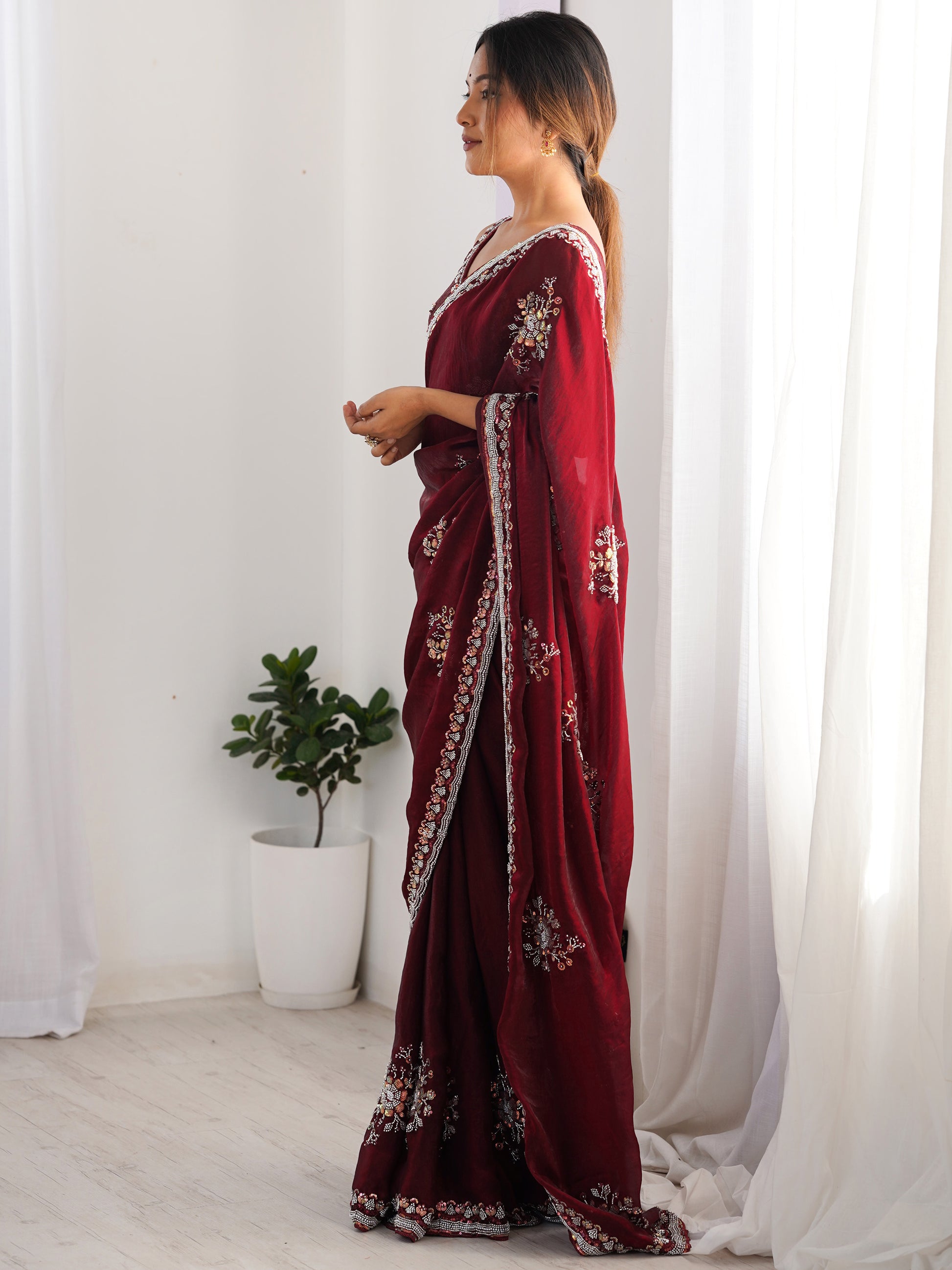 Delightful Wine Beads Work Satin Party Wear Saree With Blouse