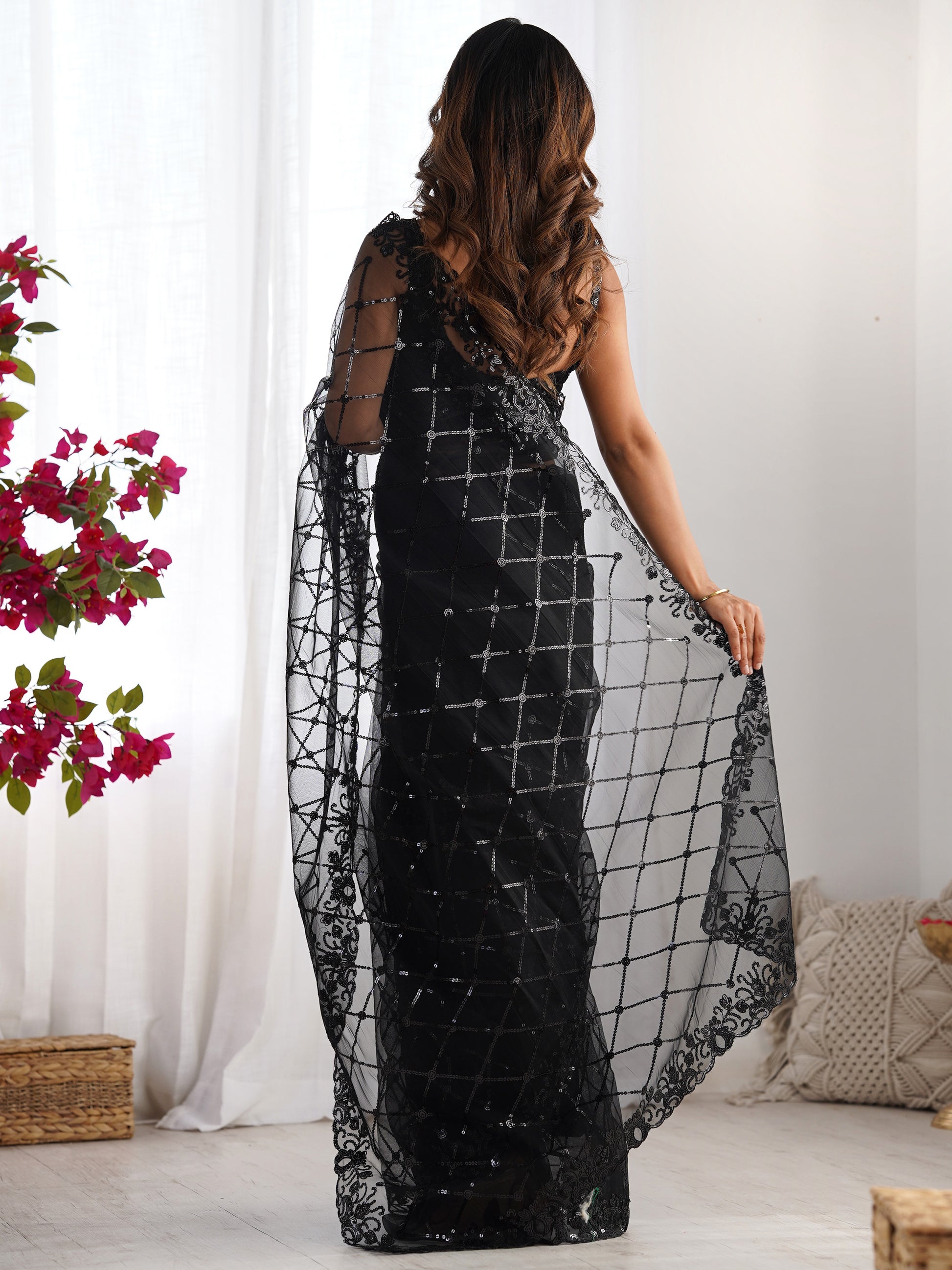 Adorable Black Sequins Net Party Wear Saree With Blouse