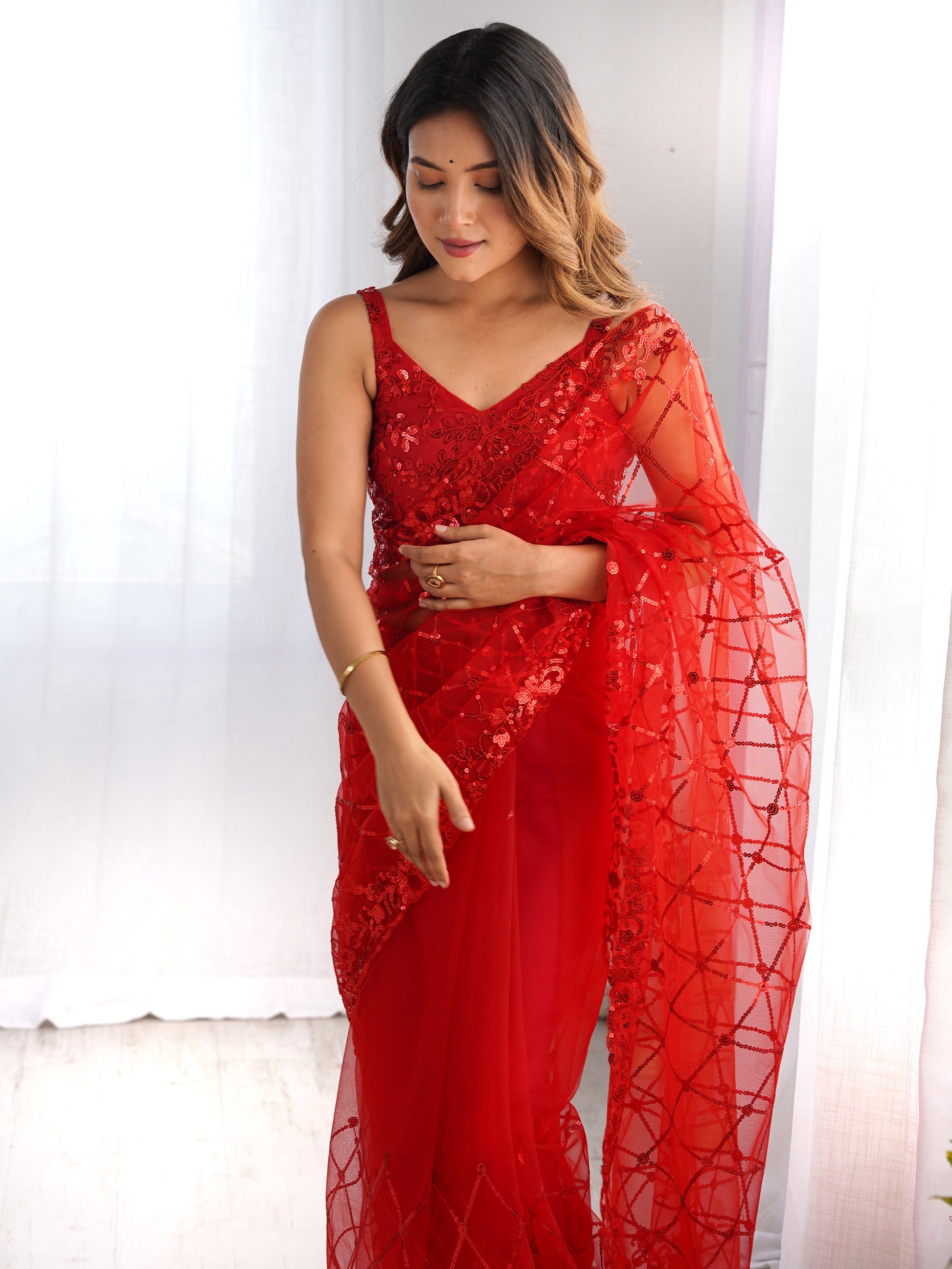 Precious Red Sequins Net Cocktail Party Wear Saree With Blouse