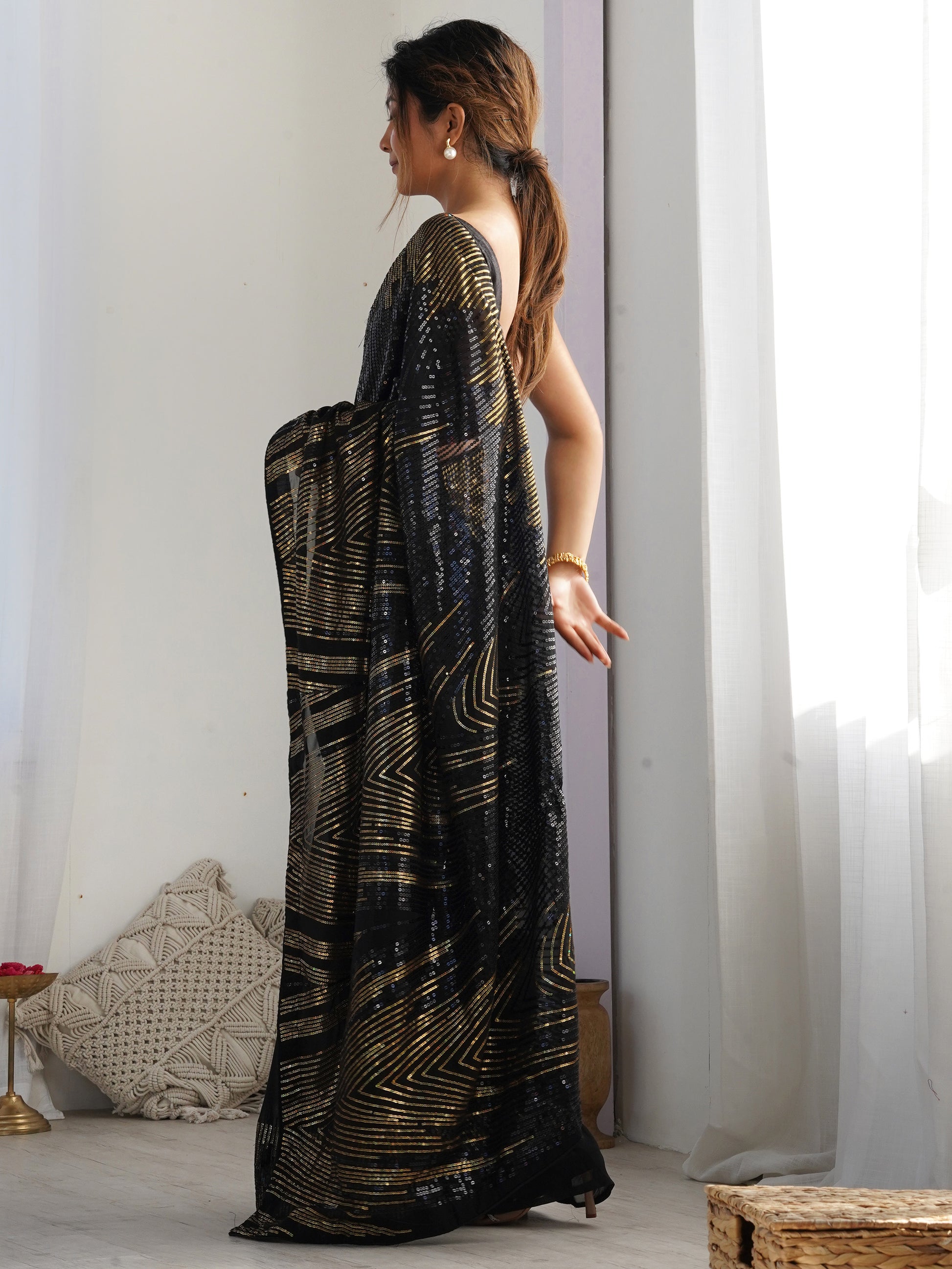 Graceful Black Sequins Georgette Party Wear Saree With Blouse