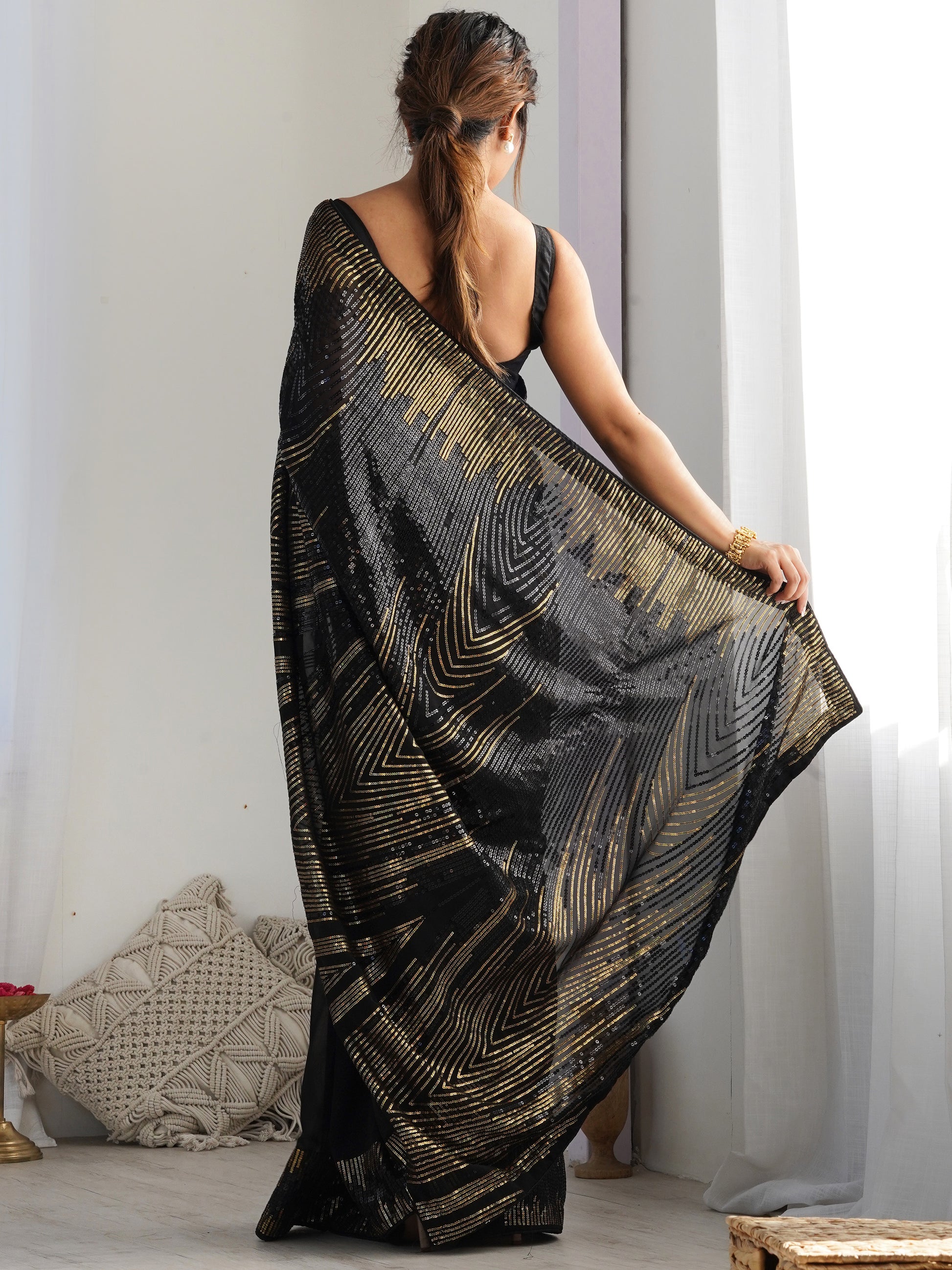 Graceful Black Sequins Georgette Party Wear Saree With Blouse