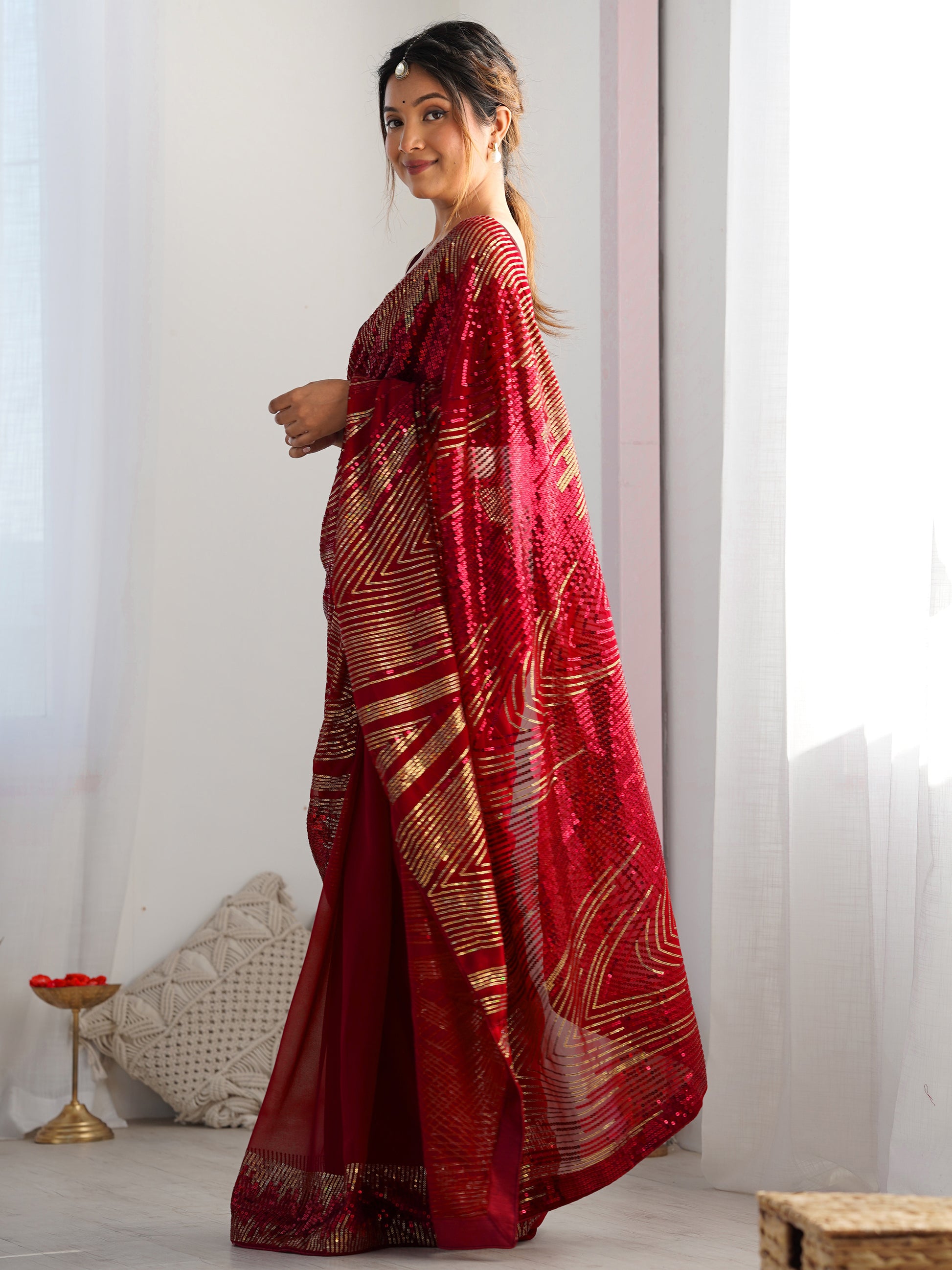 Fascinating Maroon Sequins Georgette Event Wear Saree With Blouse