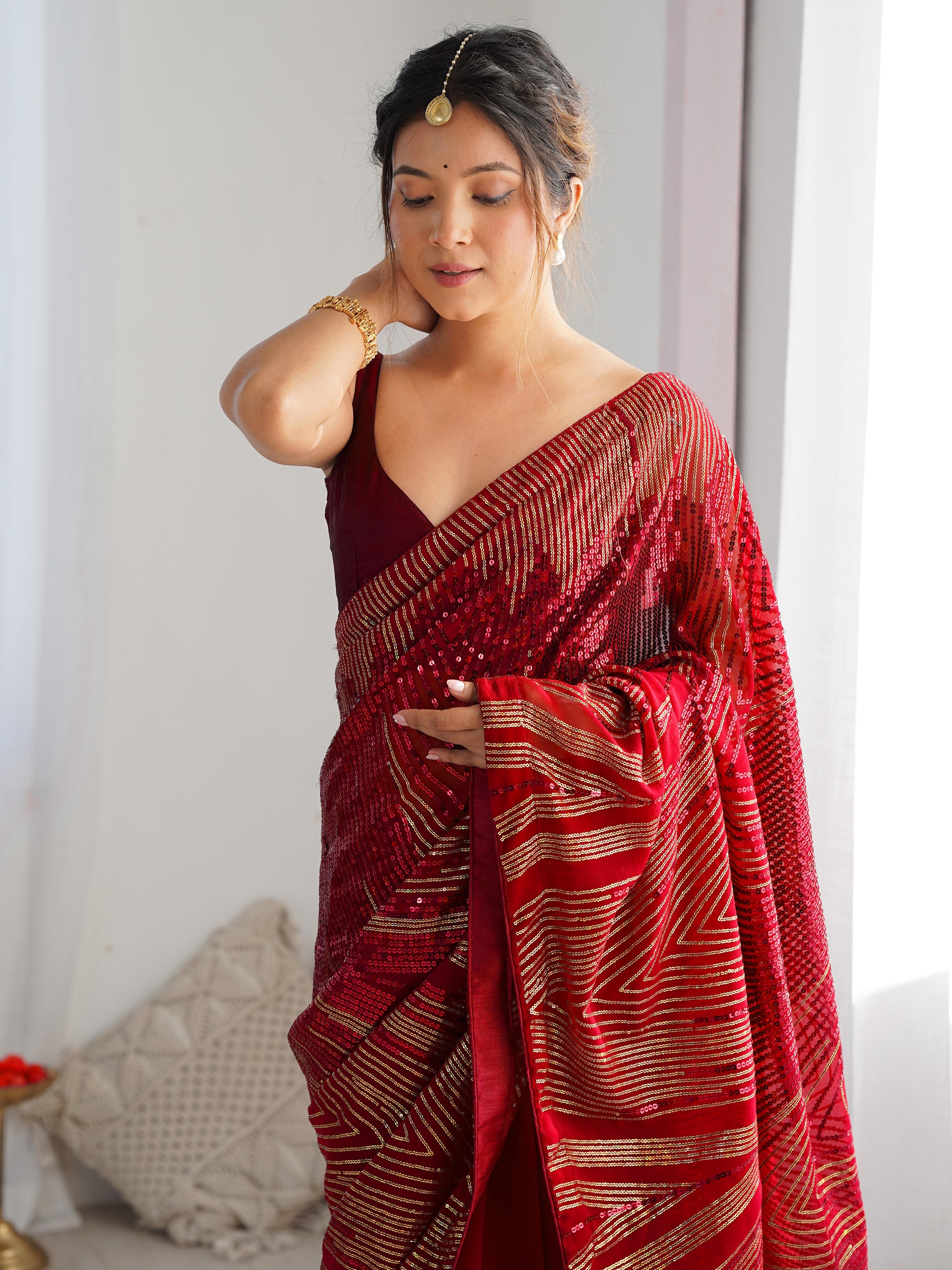 Fascinating Maroon Sequins Georgette Event Wear Saree With Blouse