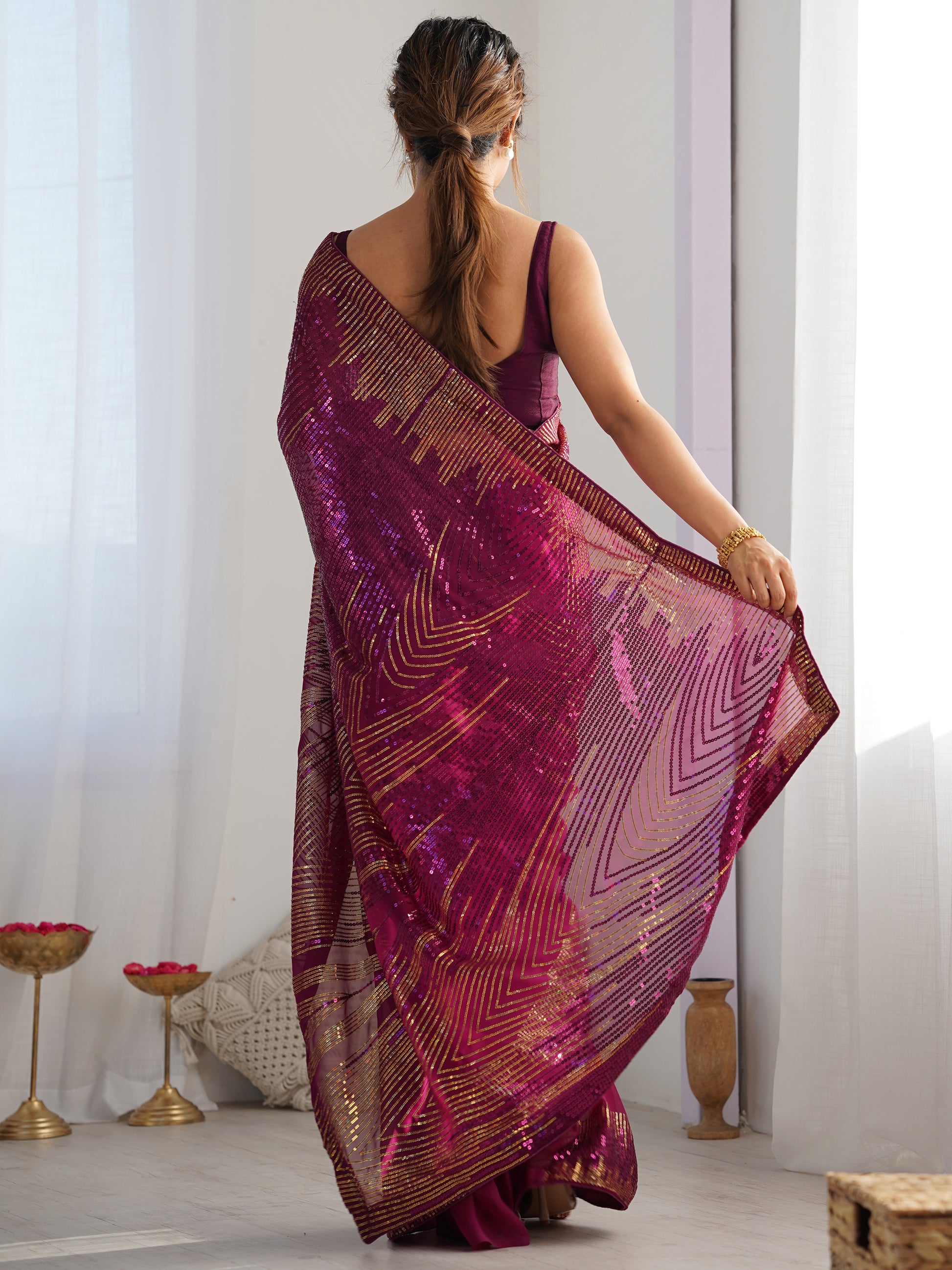 Alluring Wine Sequins Georgette Reception Wear Saree With Blouse