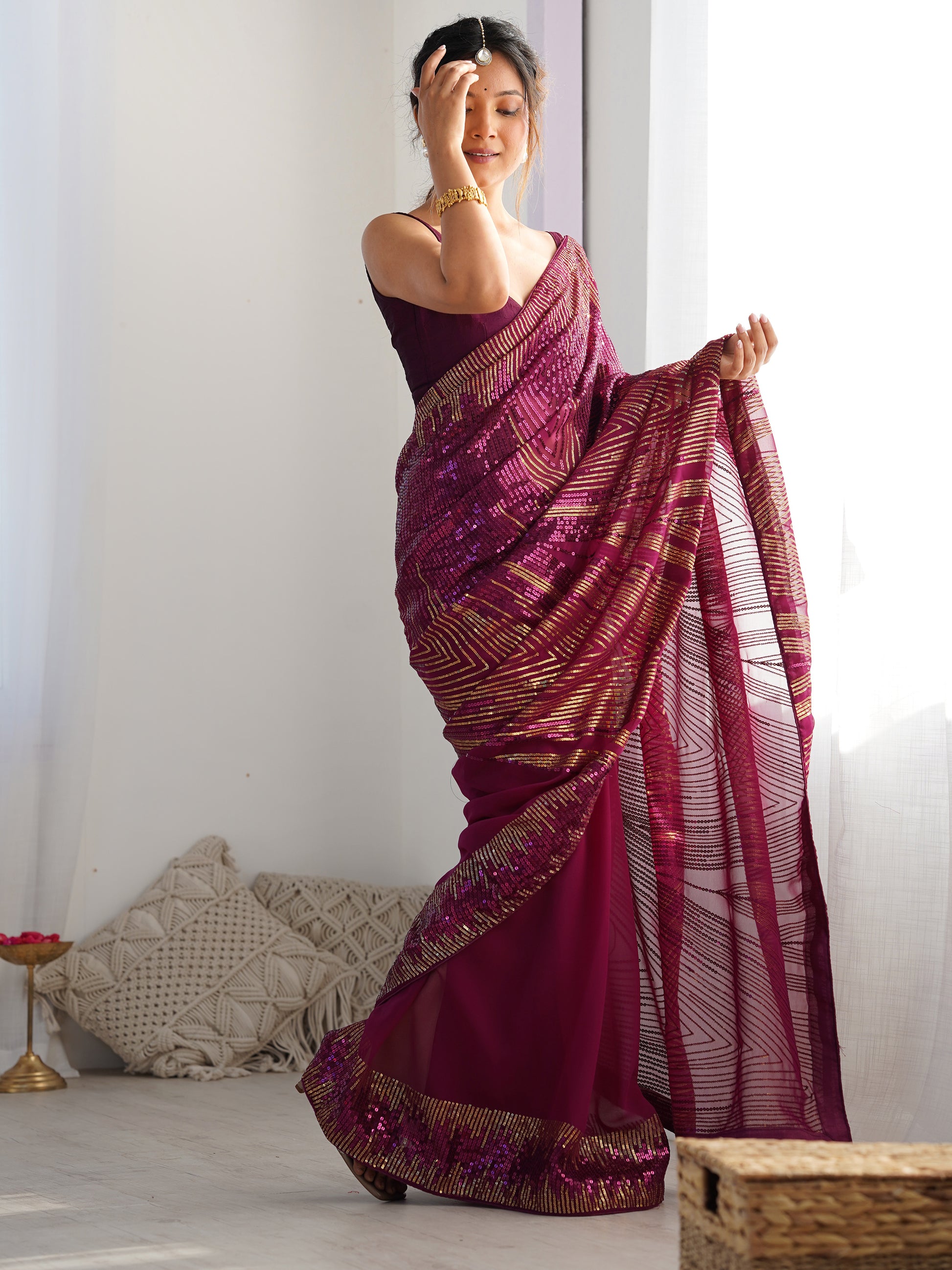 Alluring Wine Sequins Georgette Reception Wear Saree With Blouse