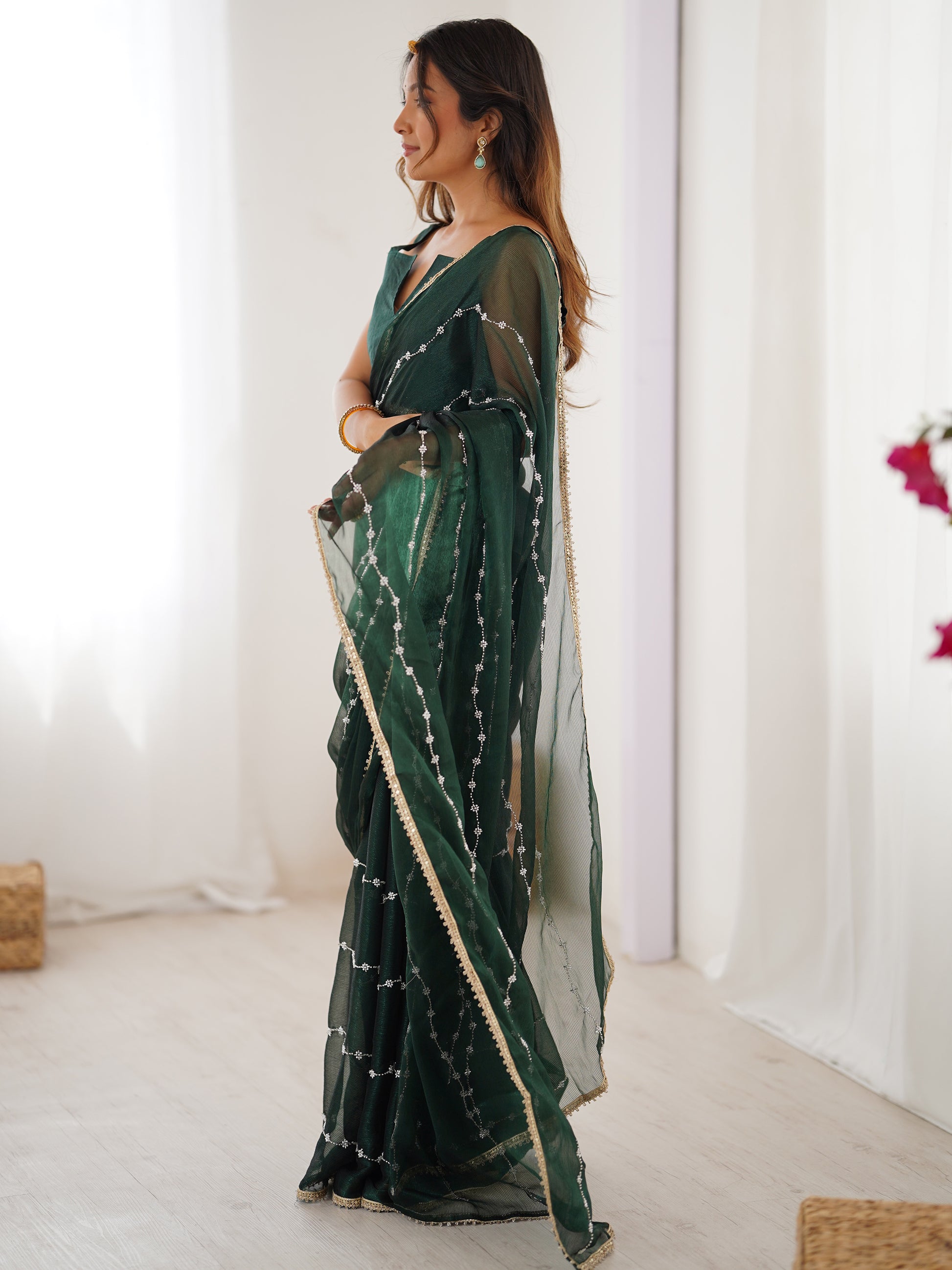 Attractive Green Sequins Chiffon Mehendi Wear Saree With Blouse
