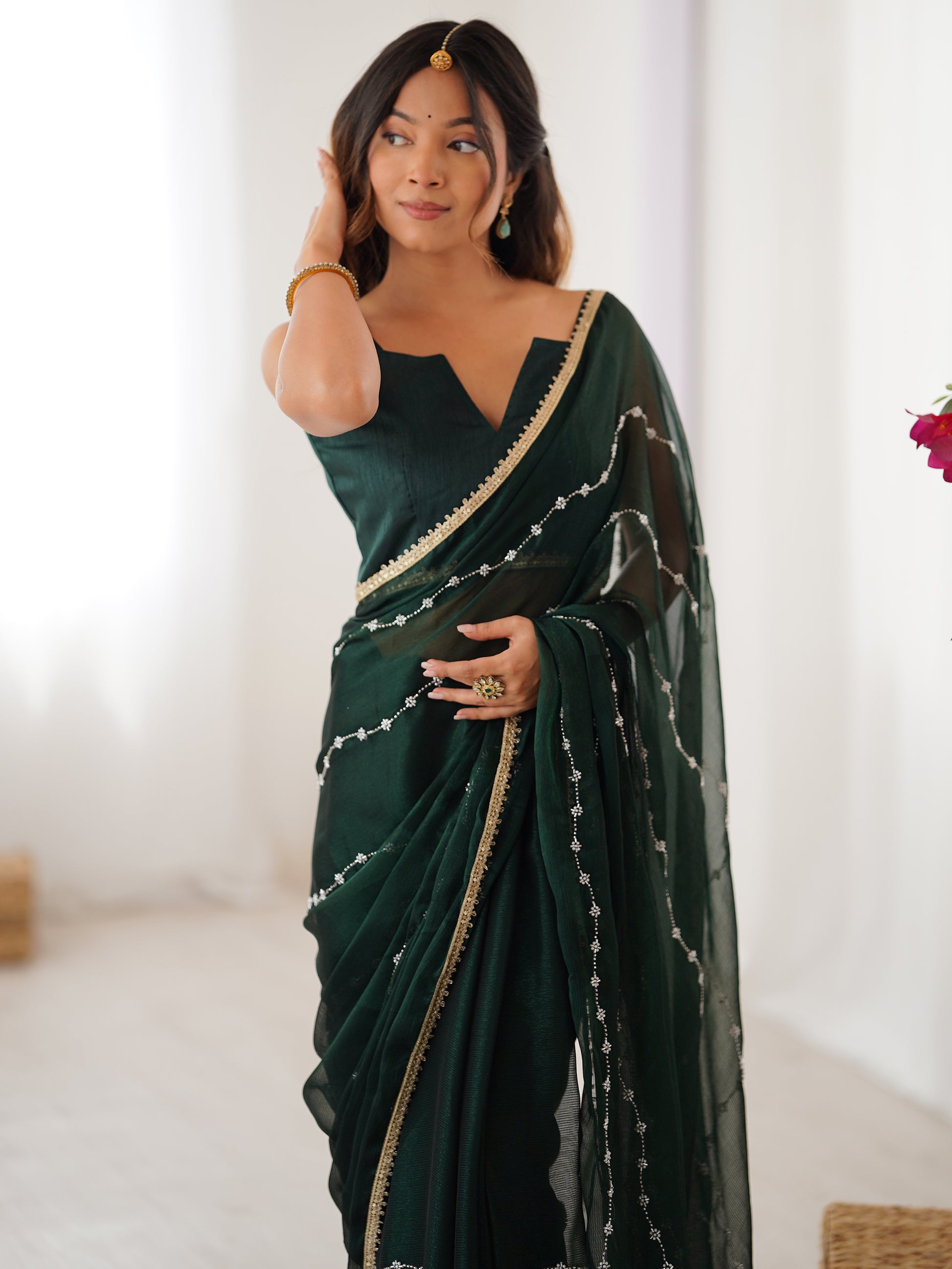 Attractive Green Sequins Chiffon Mehendi Wear Saree With Blouse