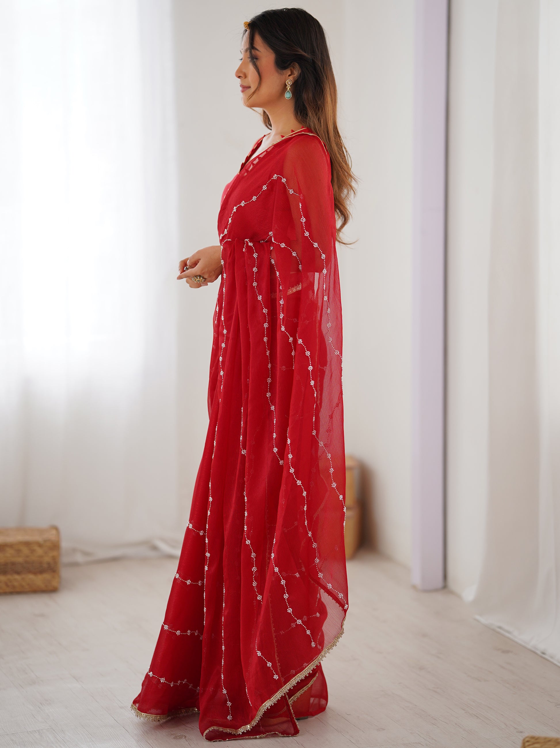 Fascinating Red Beads Work Chiffon Festival Wear Saree With Blouse
