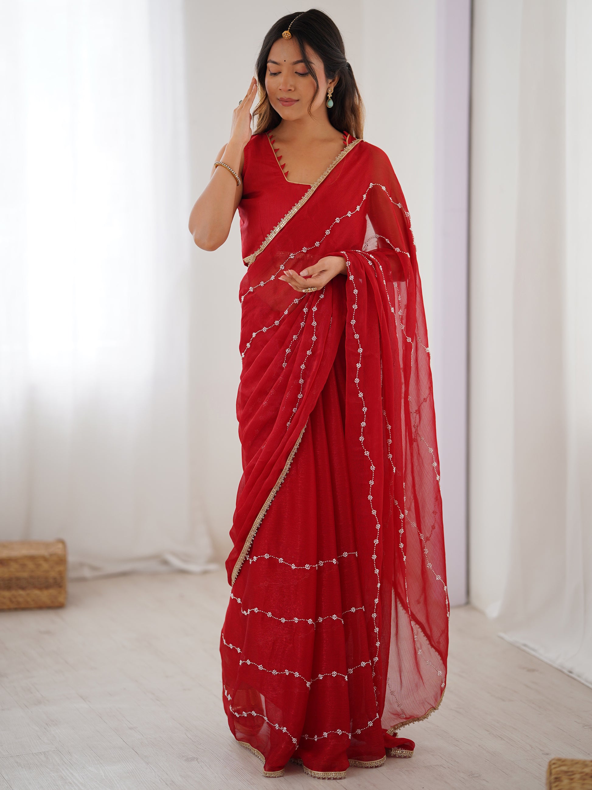 Fascinating Red Beads Work Chiffon Festival Wear Saree With Blouse