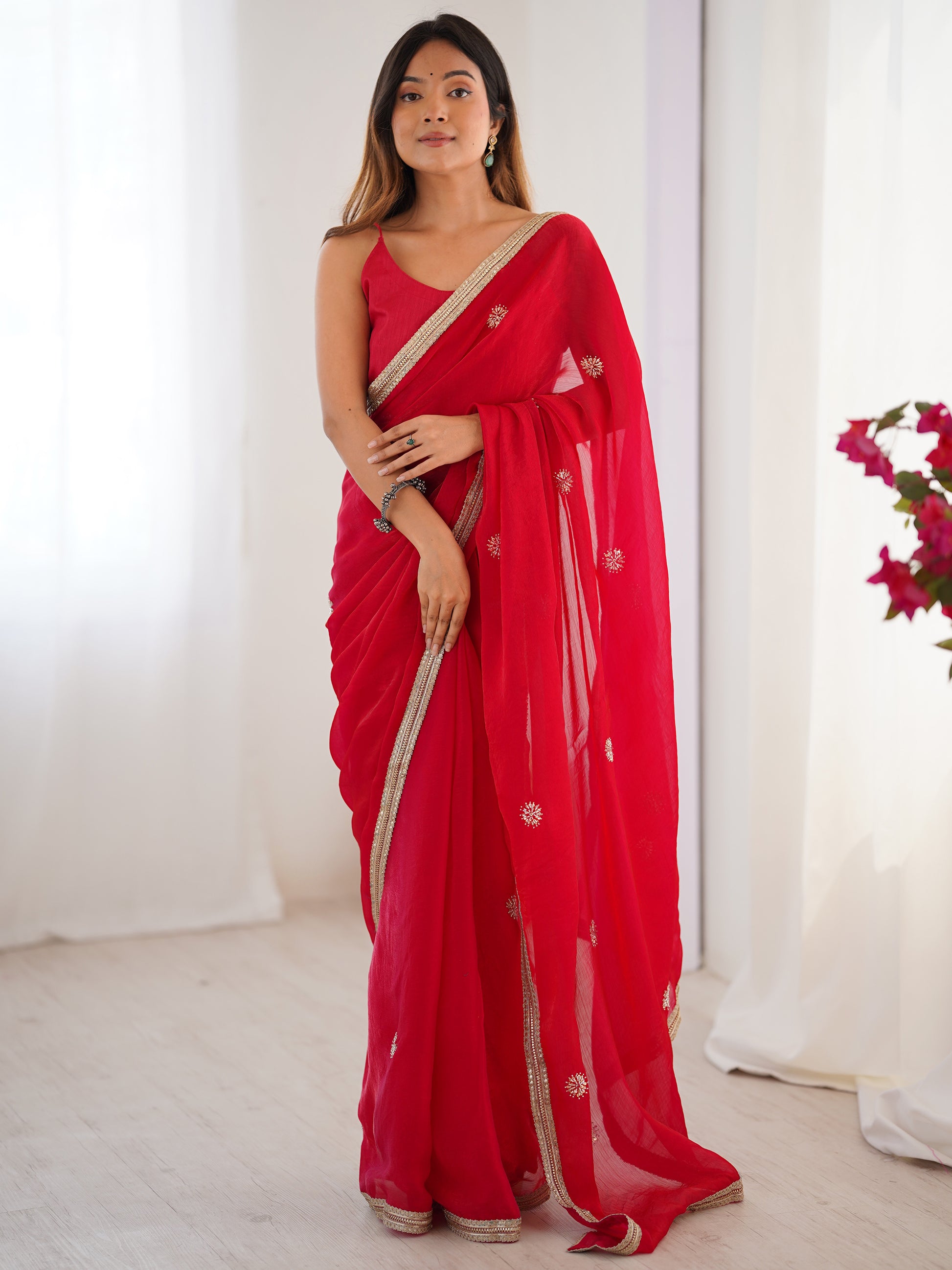 Fabulous Red Beads Work Silk Event Wear Saree With Blouse