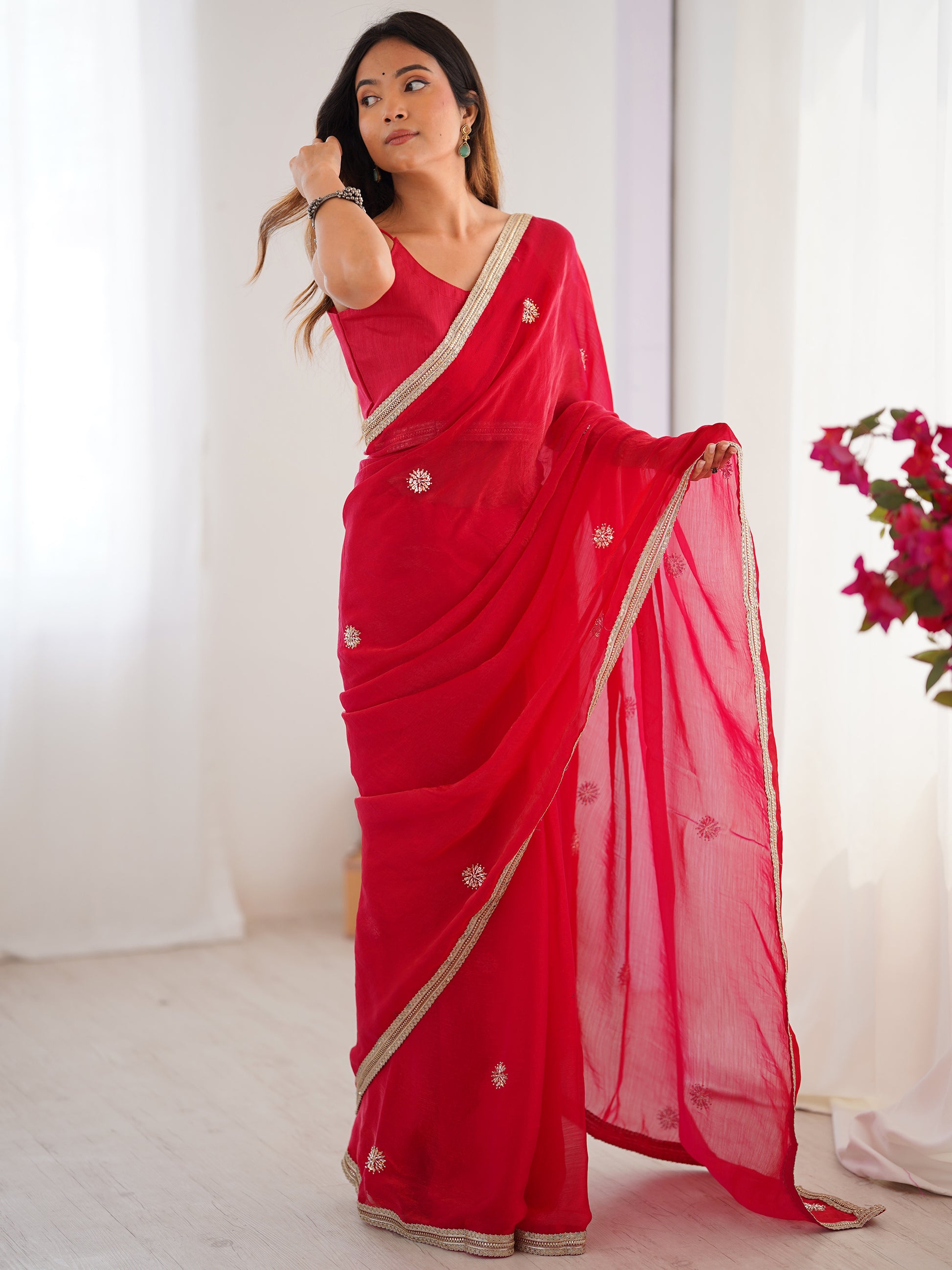 Fabulous Red Beads Work Silk Event Wear Saree With Blouse