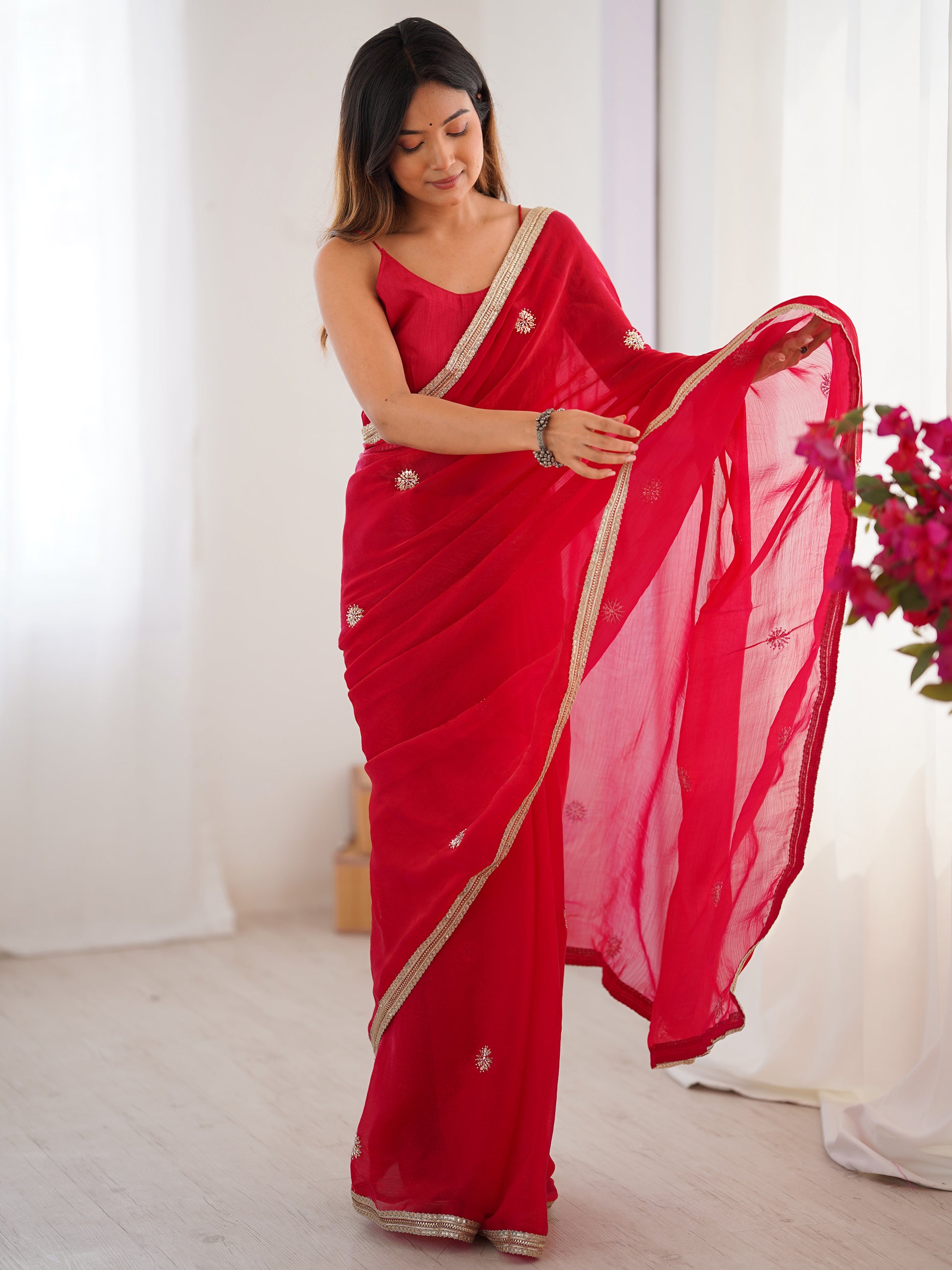 Fabulous Red Beads Work Silk Event Wear Saree With Blouse