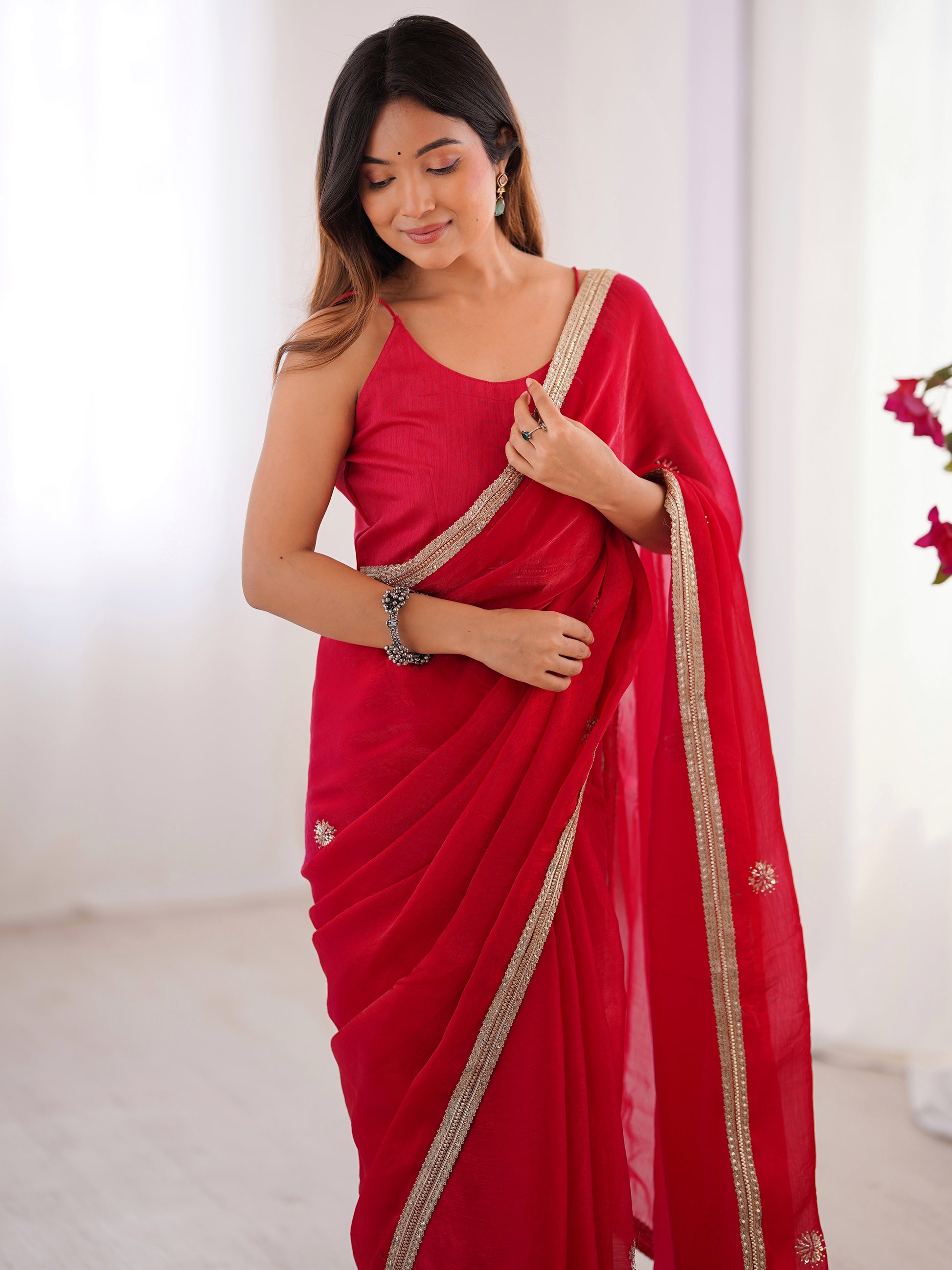 Fabulous Red Beads Work Silk Event Wear Saree With Blouse