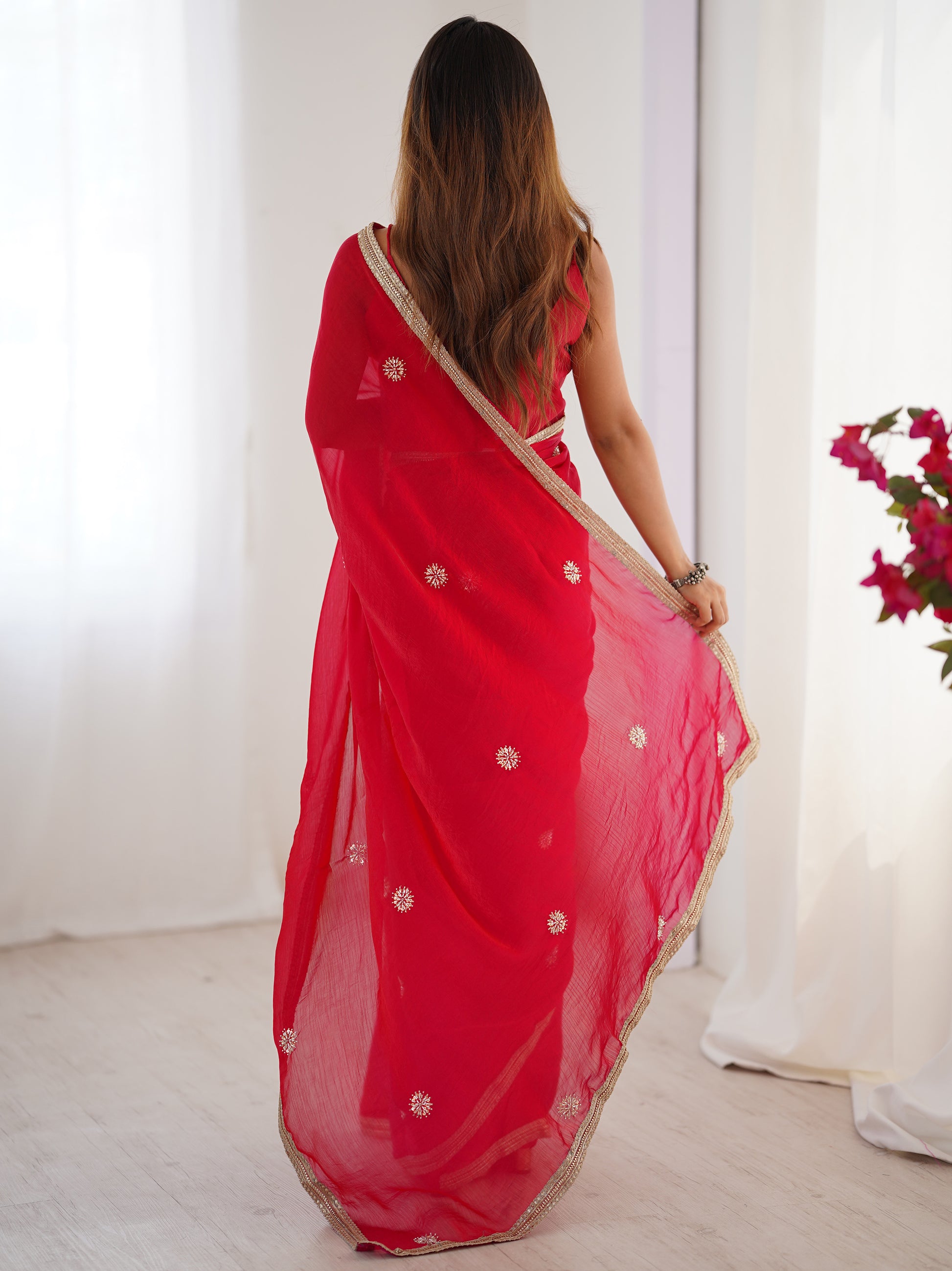 Fabulous Red Beads Work Silk Event Wear Saree With Blouse