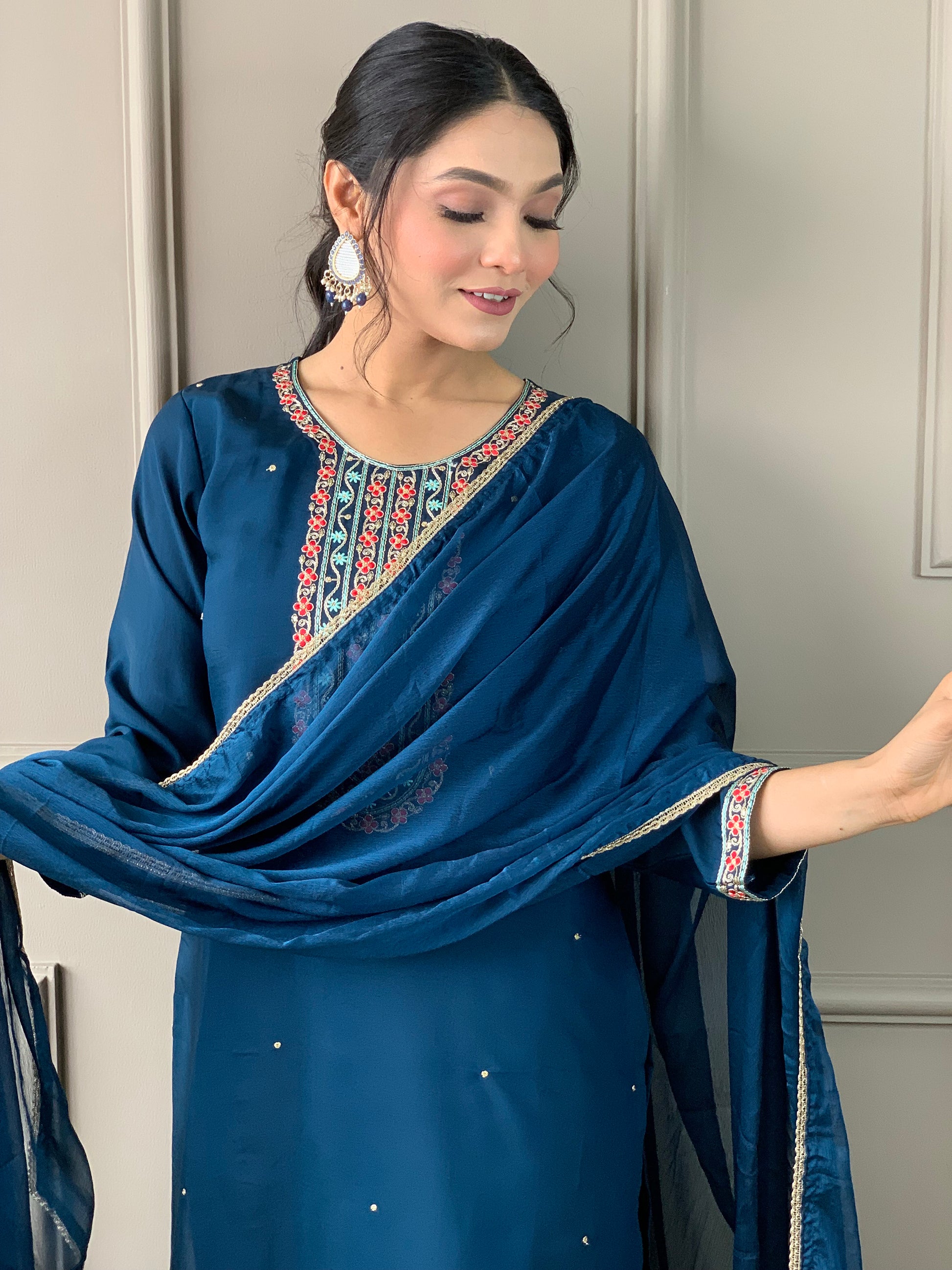 Adorable Blue Embroidered Chanderi Silk Pant Suit With Dupatta