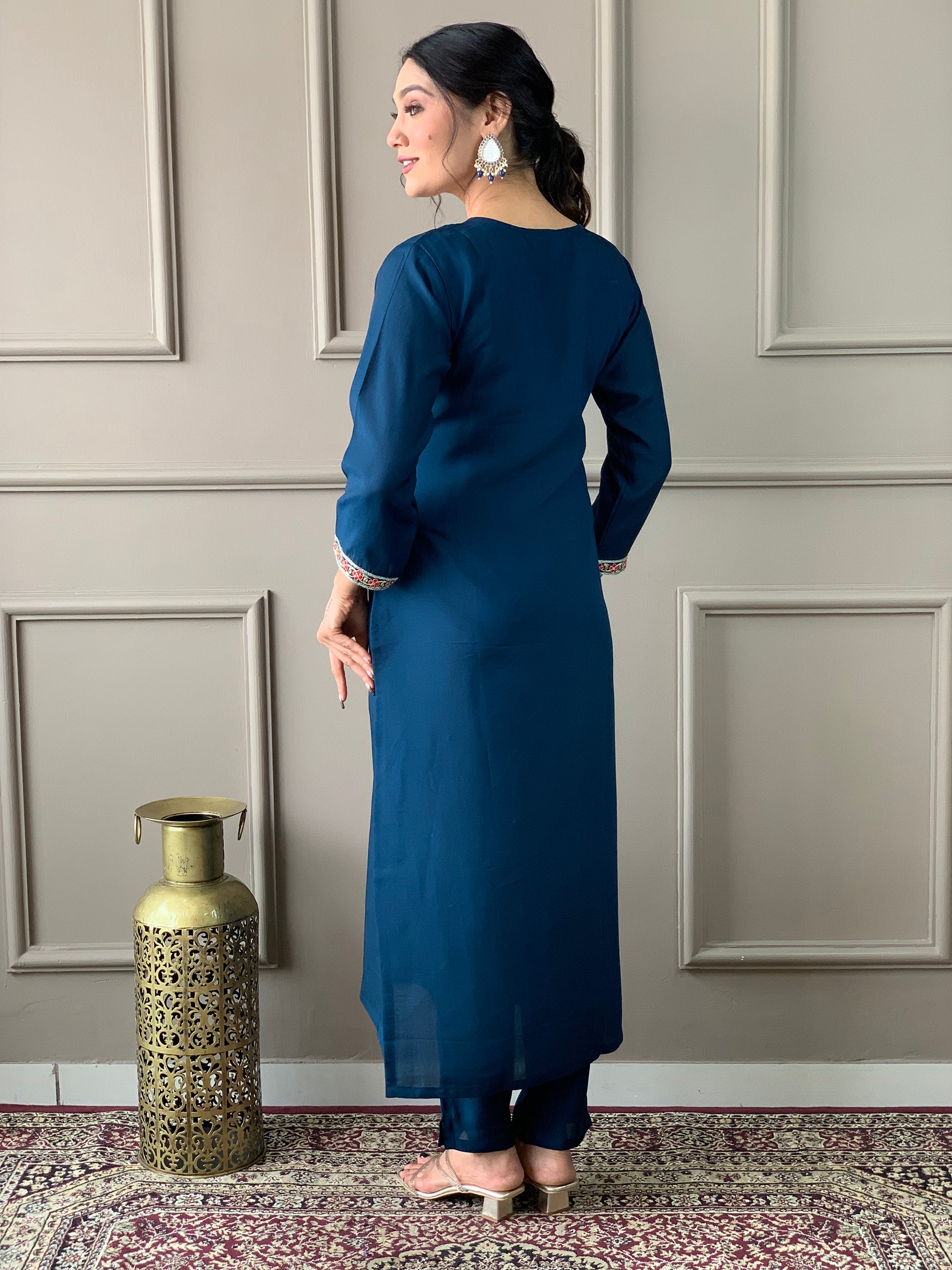 Adorable Blue Embroidered Chanderi Silk Pant Suit With Dupatta