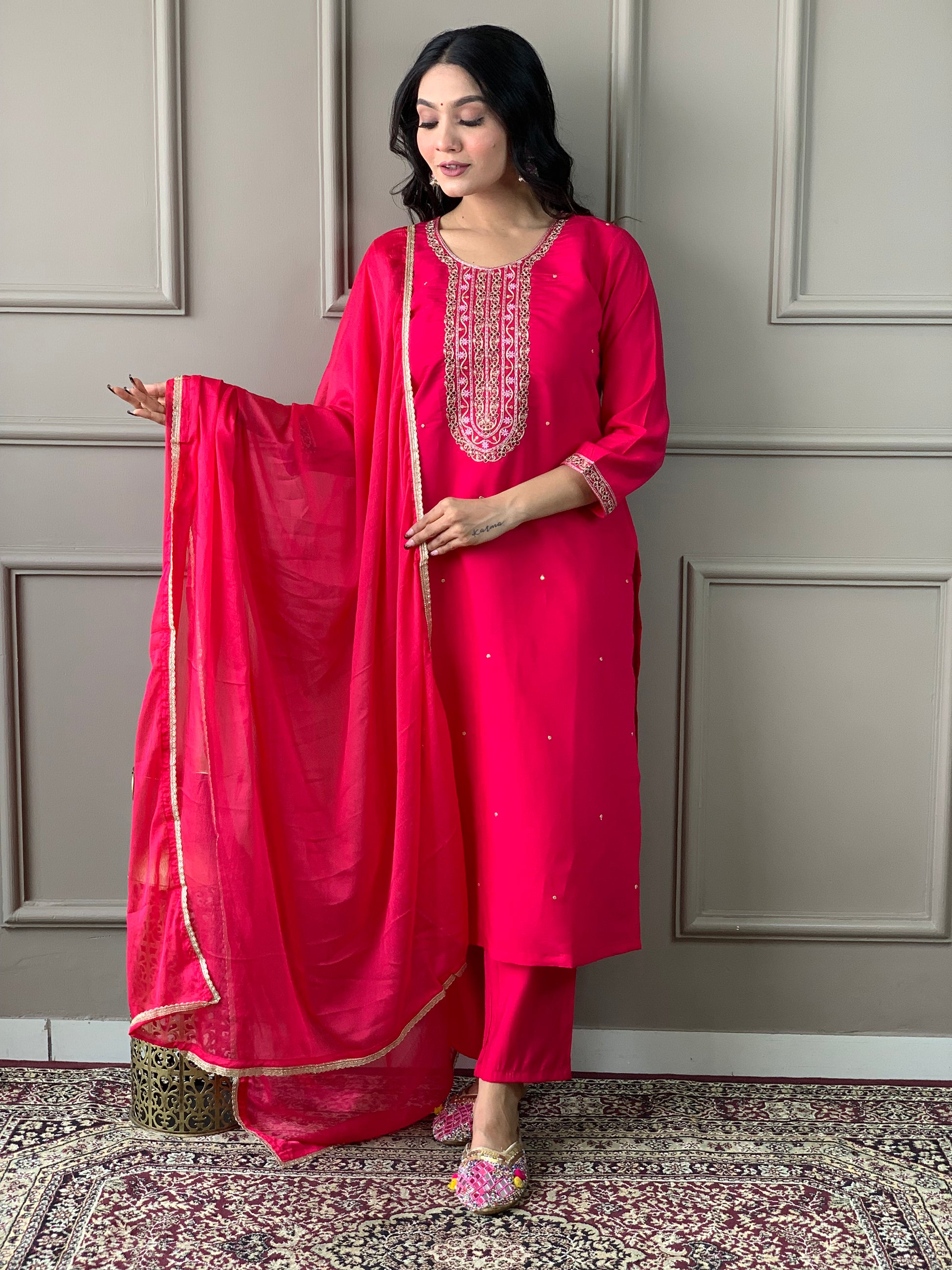 Gorgeous Rani Pink Embroidered Chanderi Silk Traditional Pant Suit