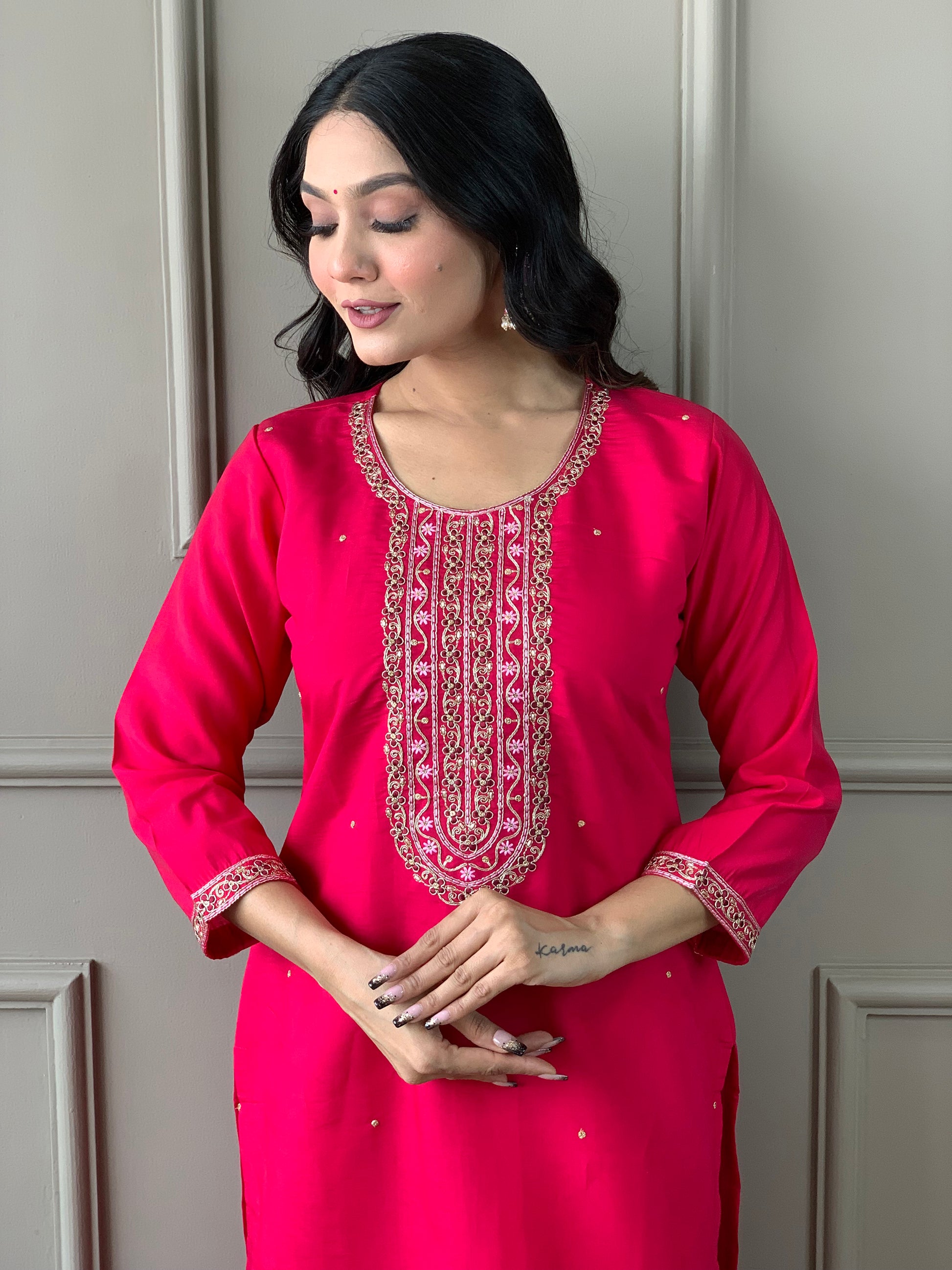 Gorgeous Rani Pink Embroidered Chanderi Silk Traditional Pant Suit