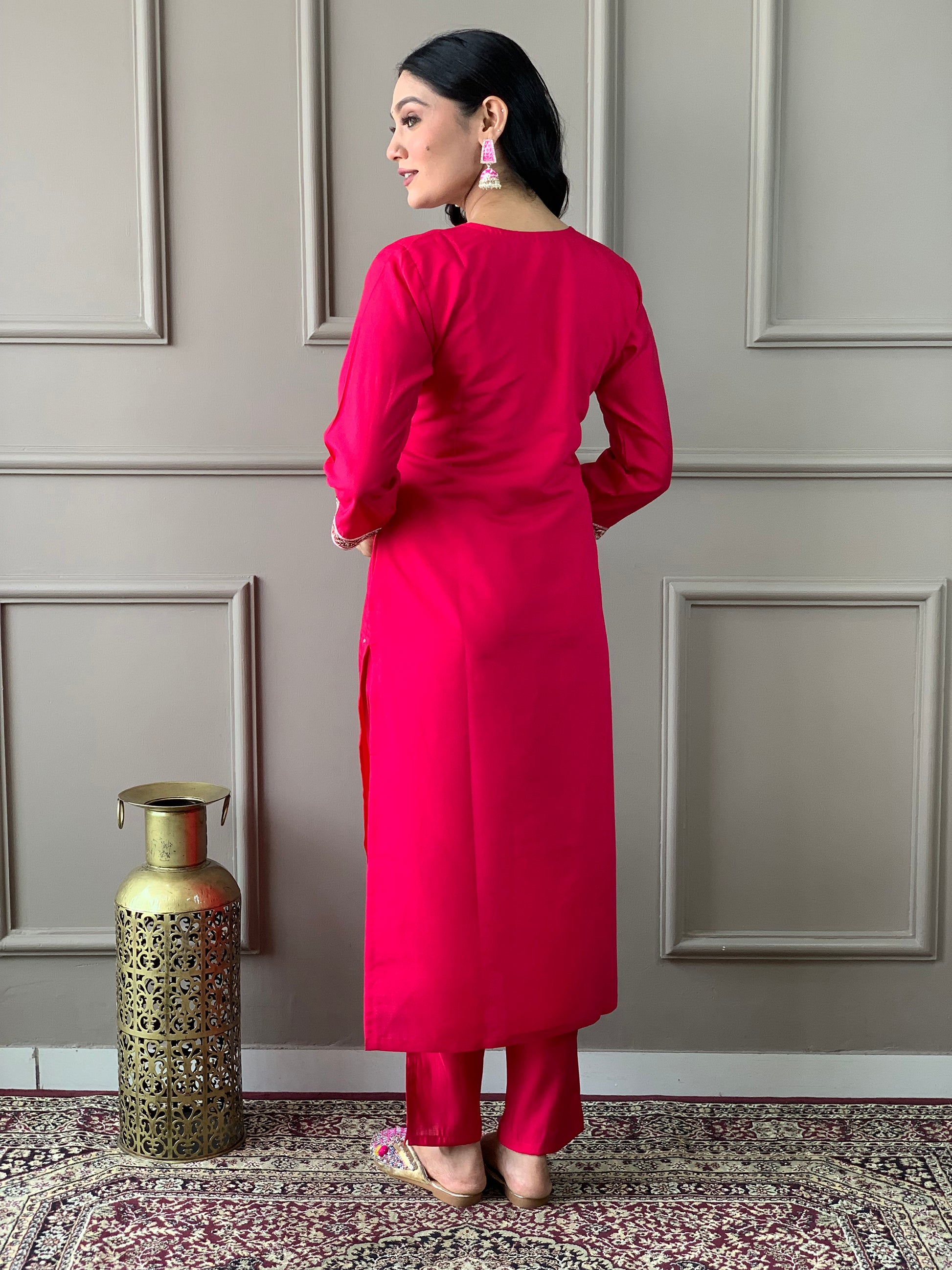 Gorgeous Rani Pink Embroidered Chanderi Silk Traditional Pant Suit