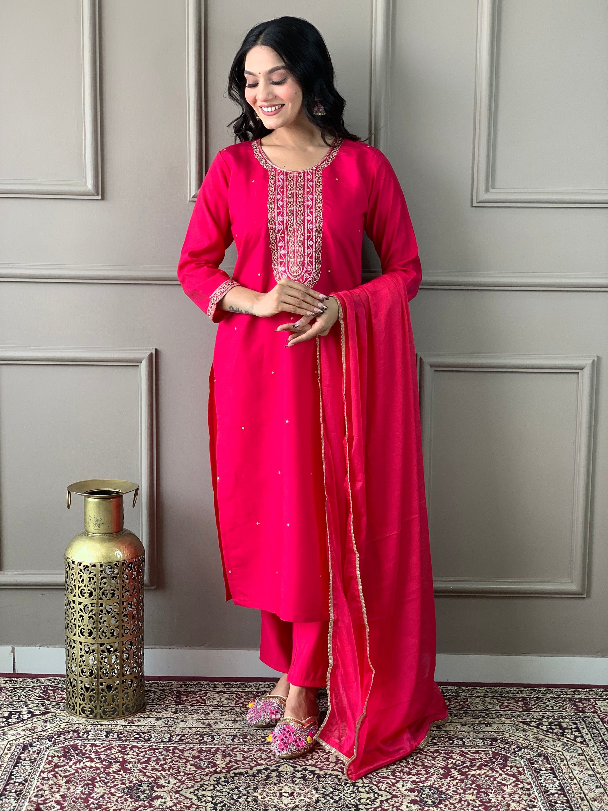 Gorgeous Rani Pink Embroidered Chanderi Silk Traditional Pant Suit