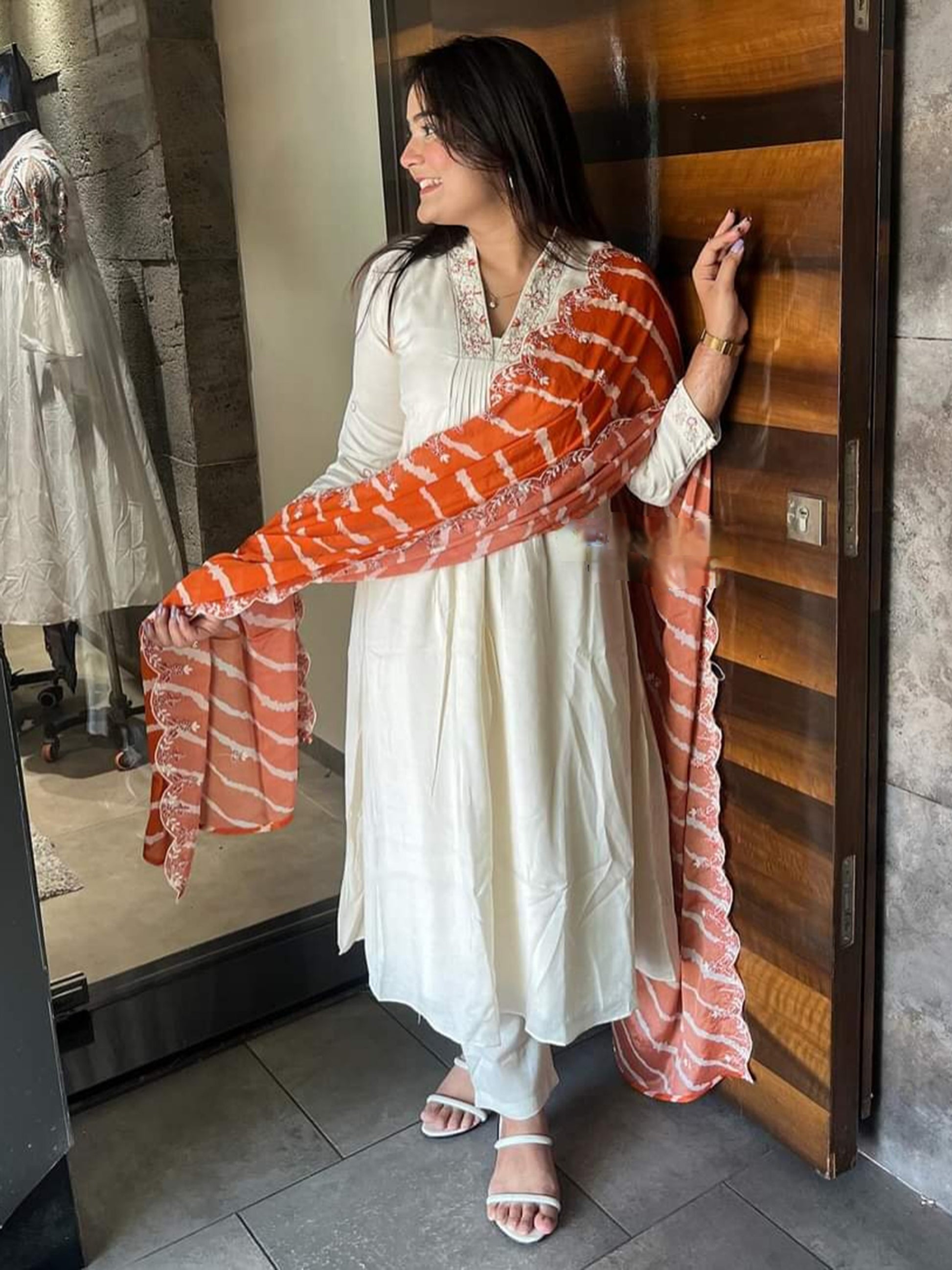 Precious Cream Embroidered Event Wear Pant Suit With Dupatta
