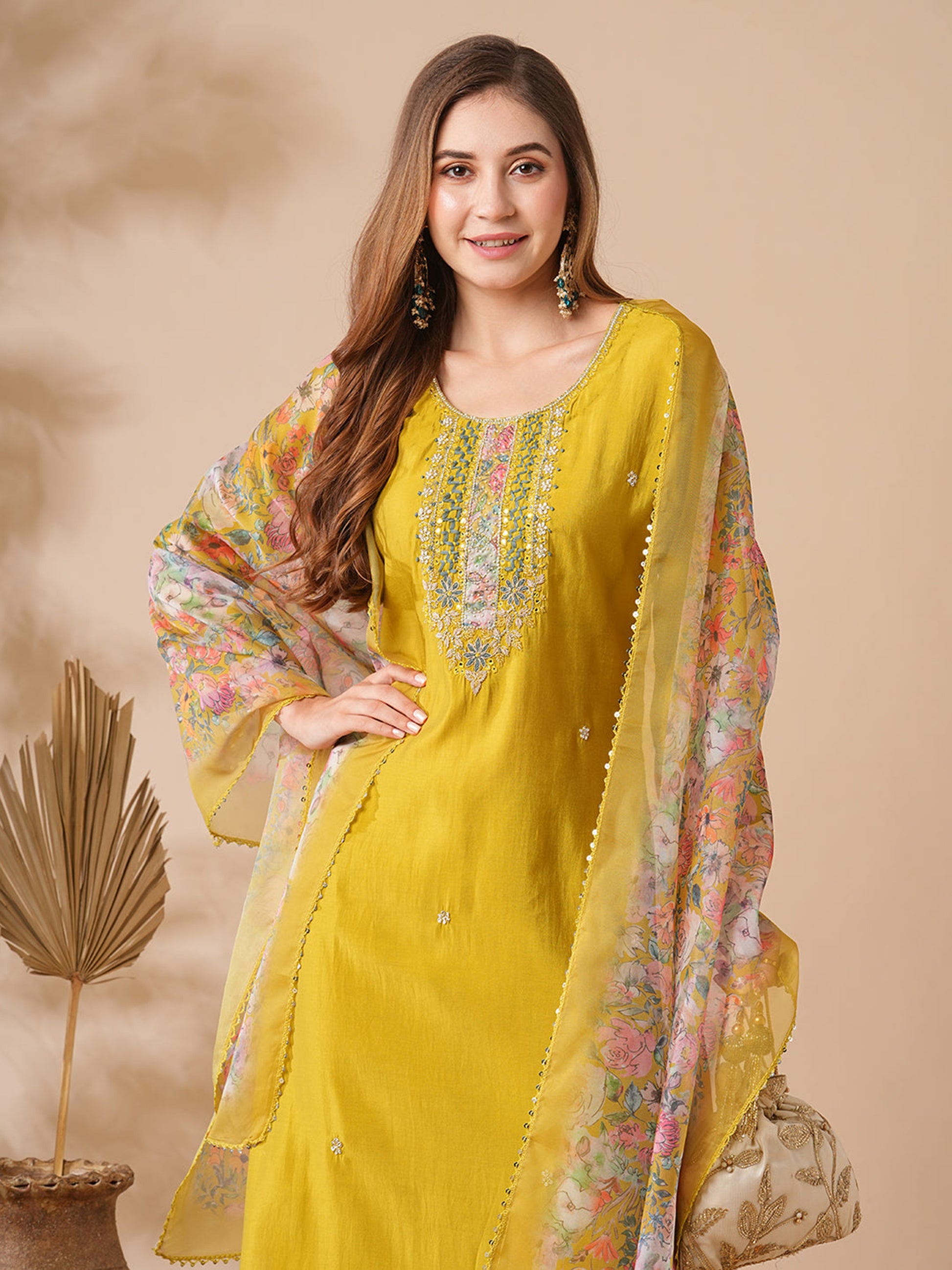 Marvelous Mustard Yellow Embroidery Silk Haldi Wear Pant Suit