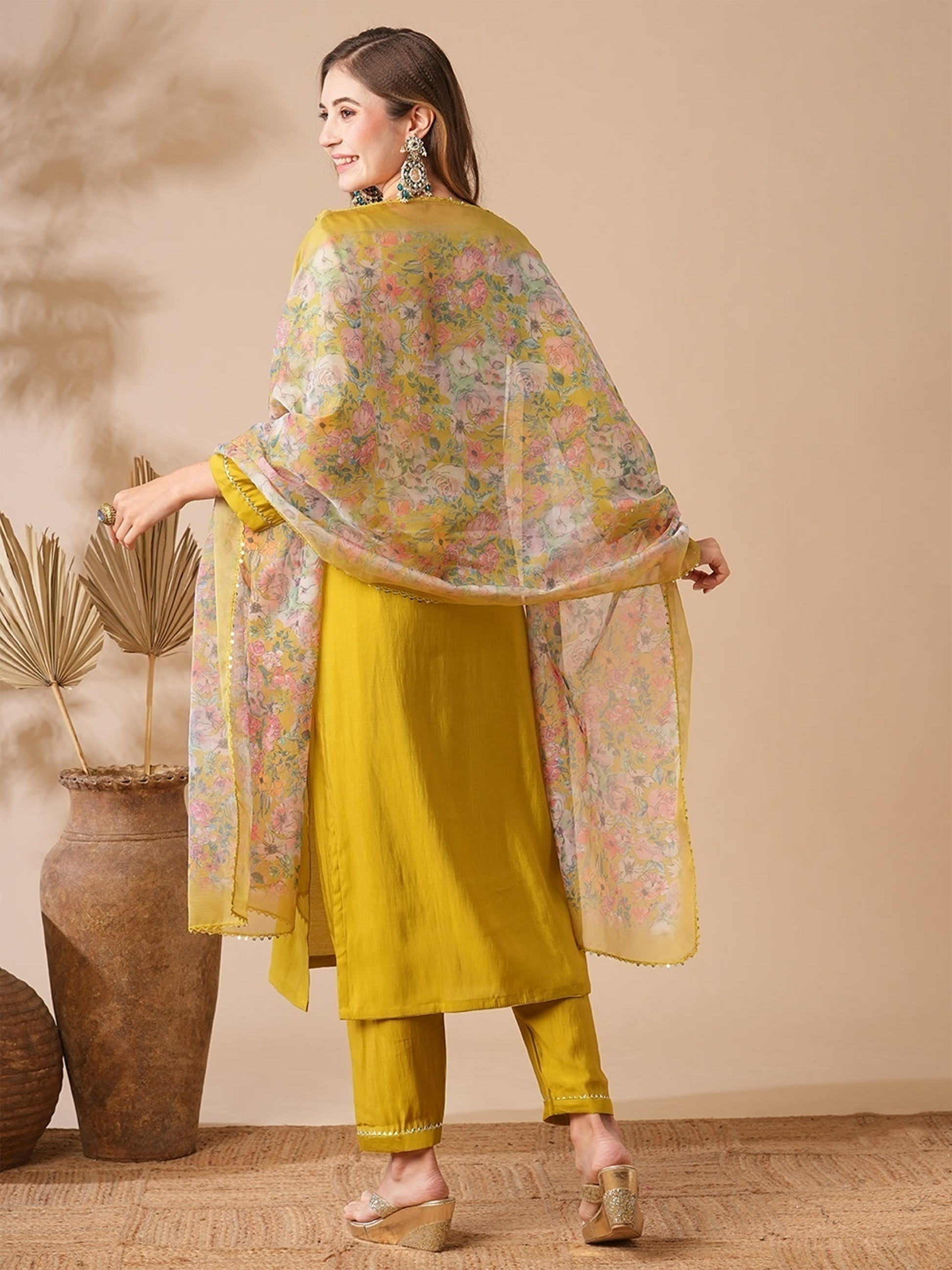 Marvelous Mustard Yellow Embroidery Silk Haldi Wear Pant Suit