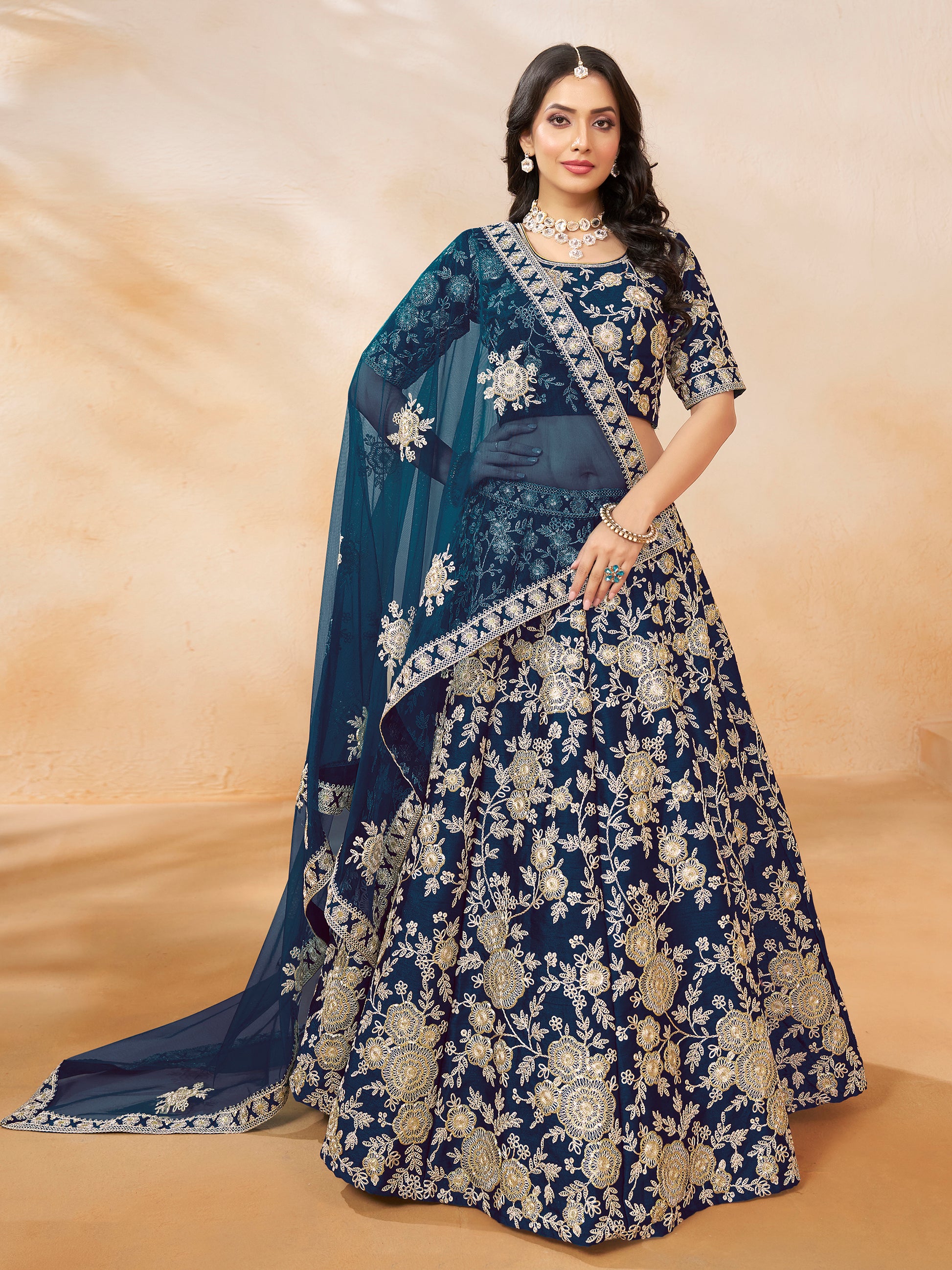 Astonishing Blue Embroidered Silk Engagement Wear Lehenga Choli