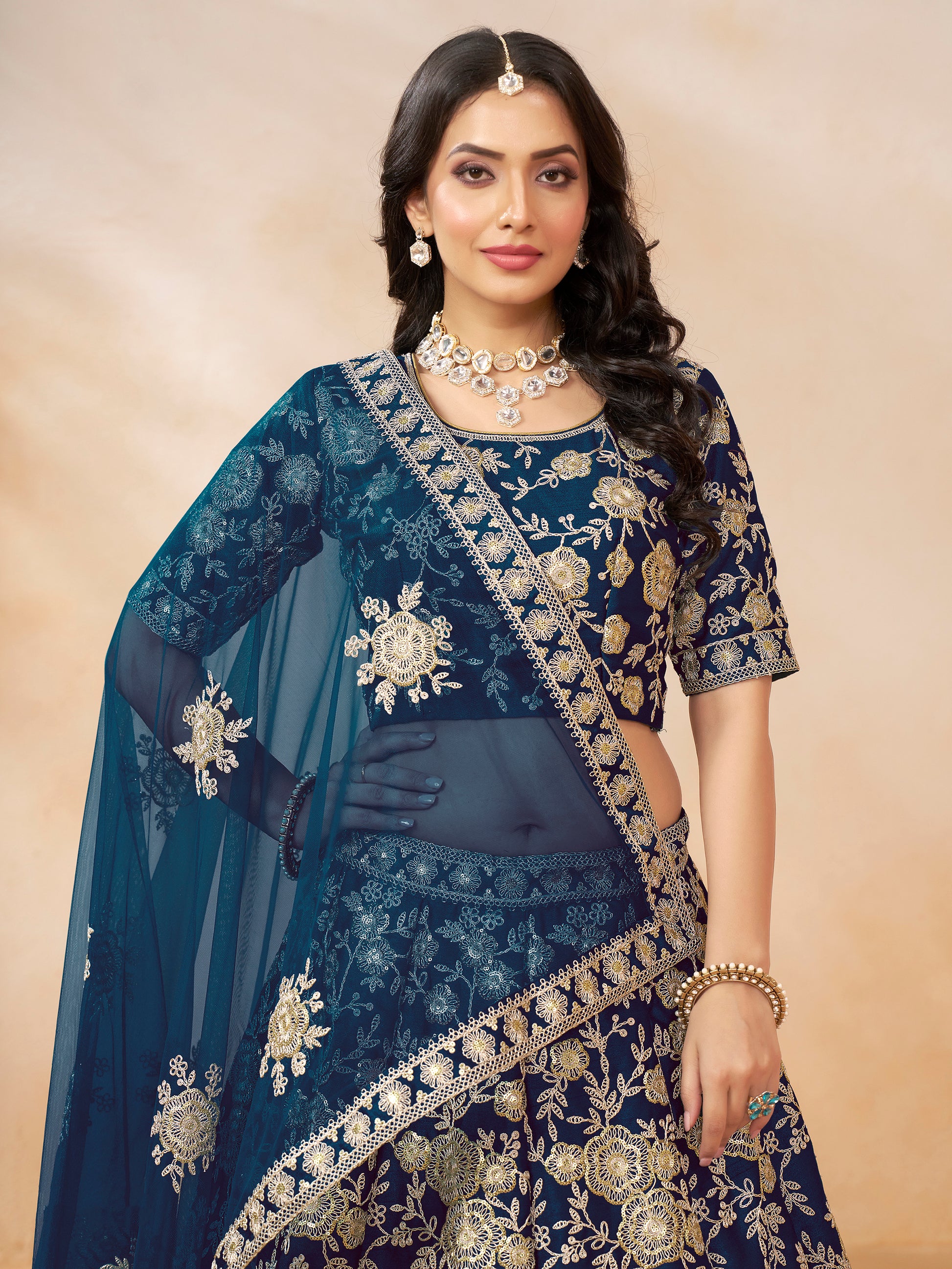 Astonishing Blue Embroidered Silk Engagement Wear Lehenga Choli